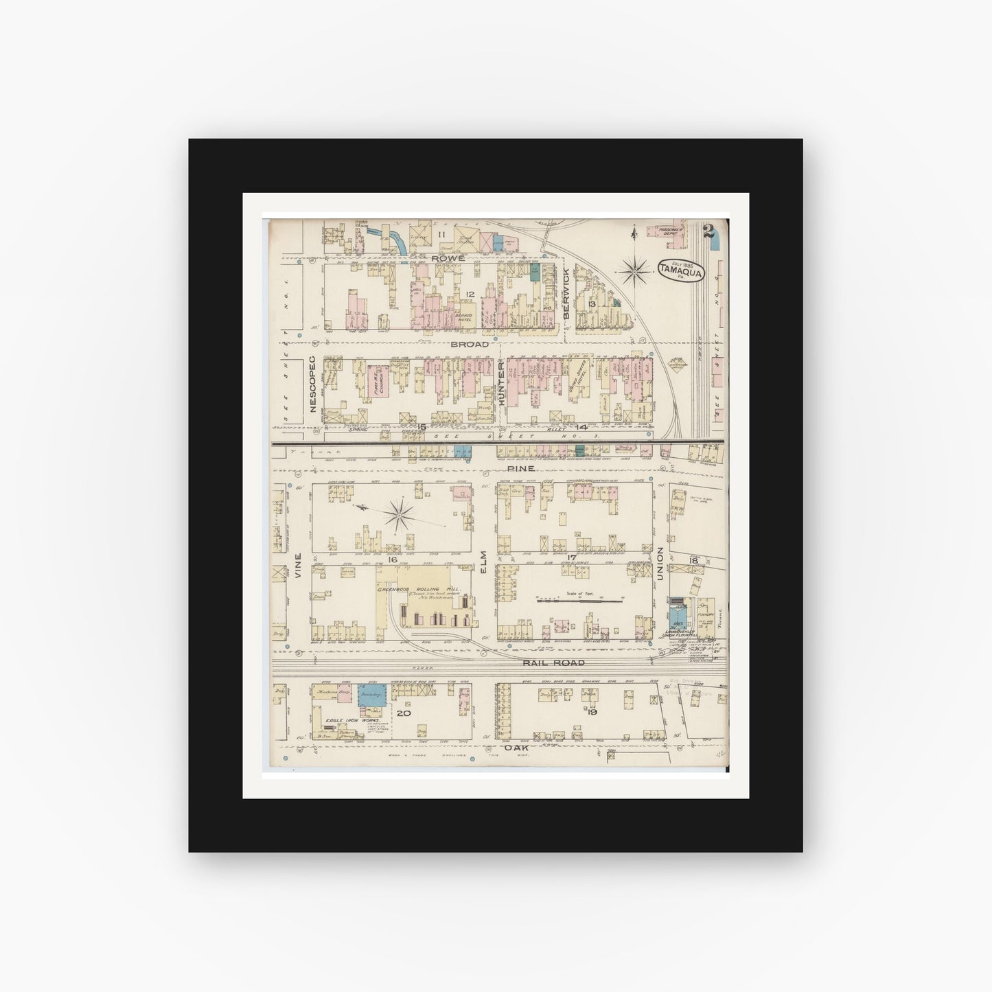 Old map wall art mockup — black gallery frame with white mat — Sanborn Fire Insurance Map from Tamaqua, Schuylkill County, Pennsylvania (1885), Sheet #0002