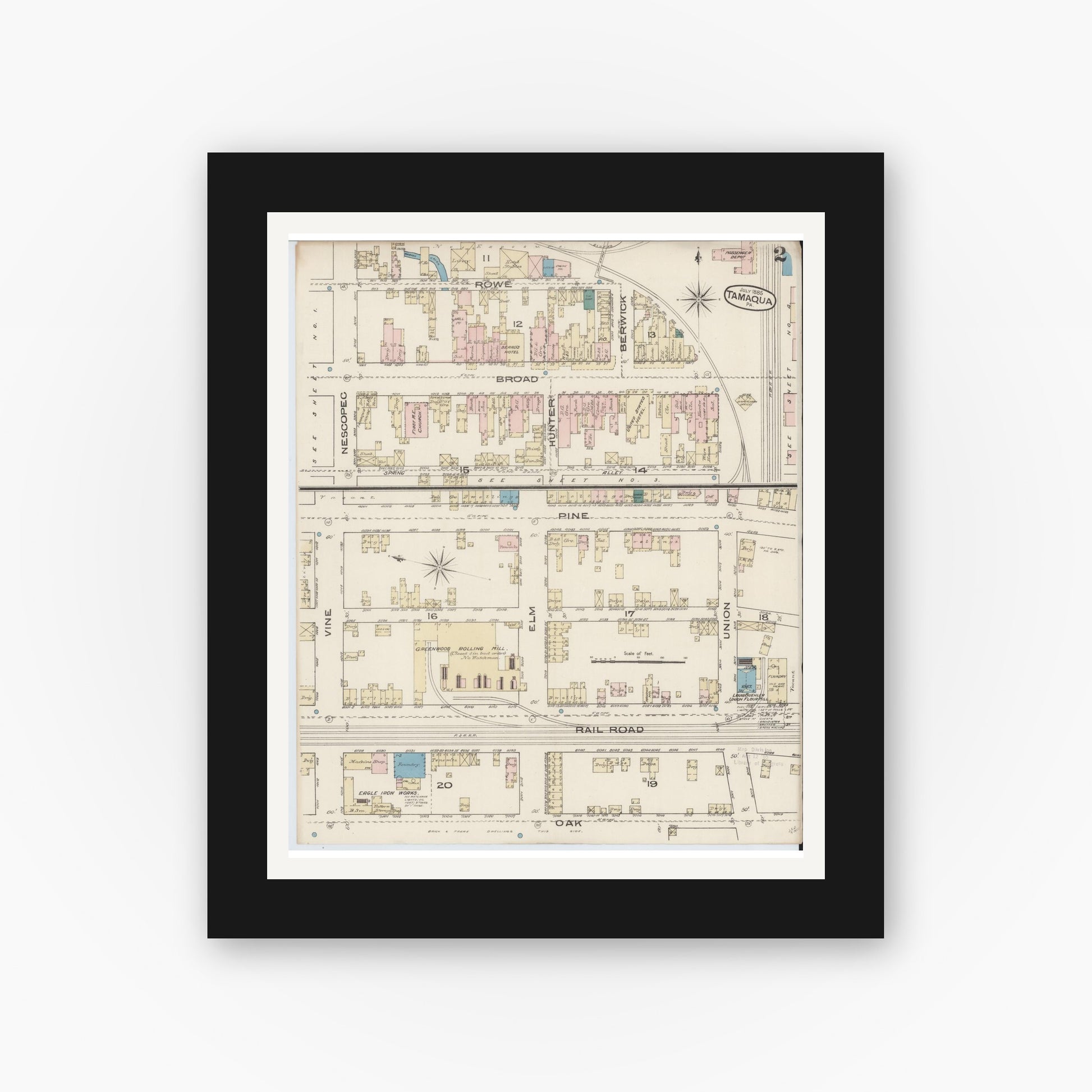 Old map wall art mockup — black gallery frame with white mat — Sanborn Fire Insurance Map from Tamaqua, Schuylkill County, Pennsylvania (1885), Sheet #0002