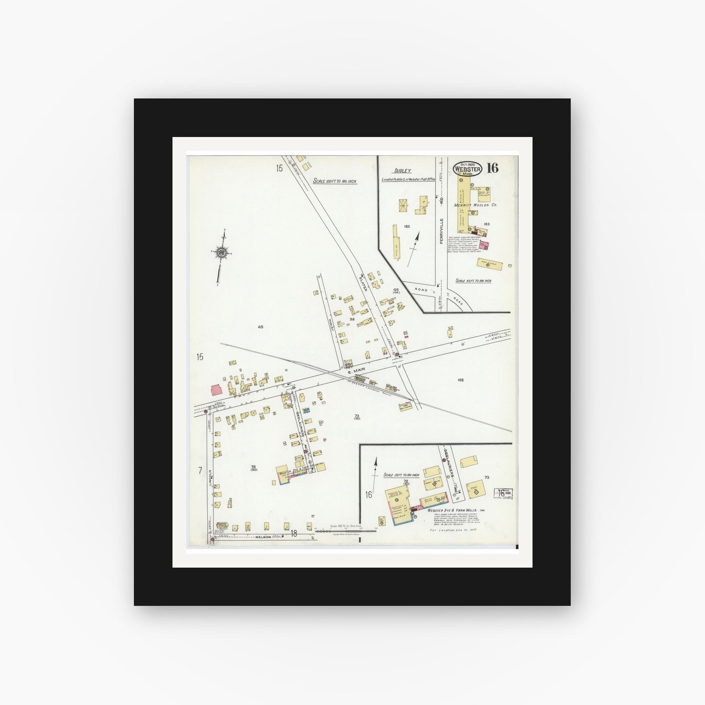 Old map wall art mockup — black gallery frame with white mat — Sanborn Fire Insurance Map from Webster, Worcester County, Massachusetts (1920), Sheet #0016