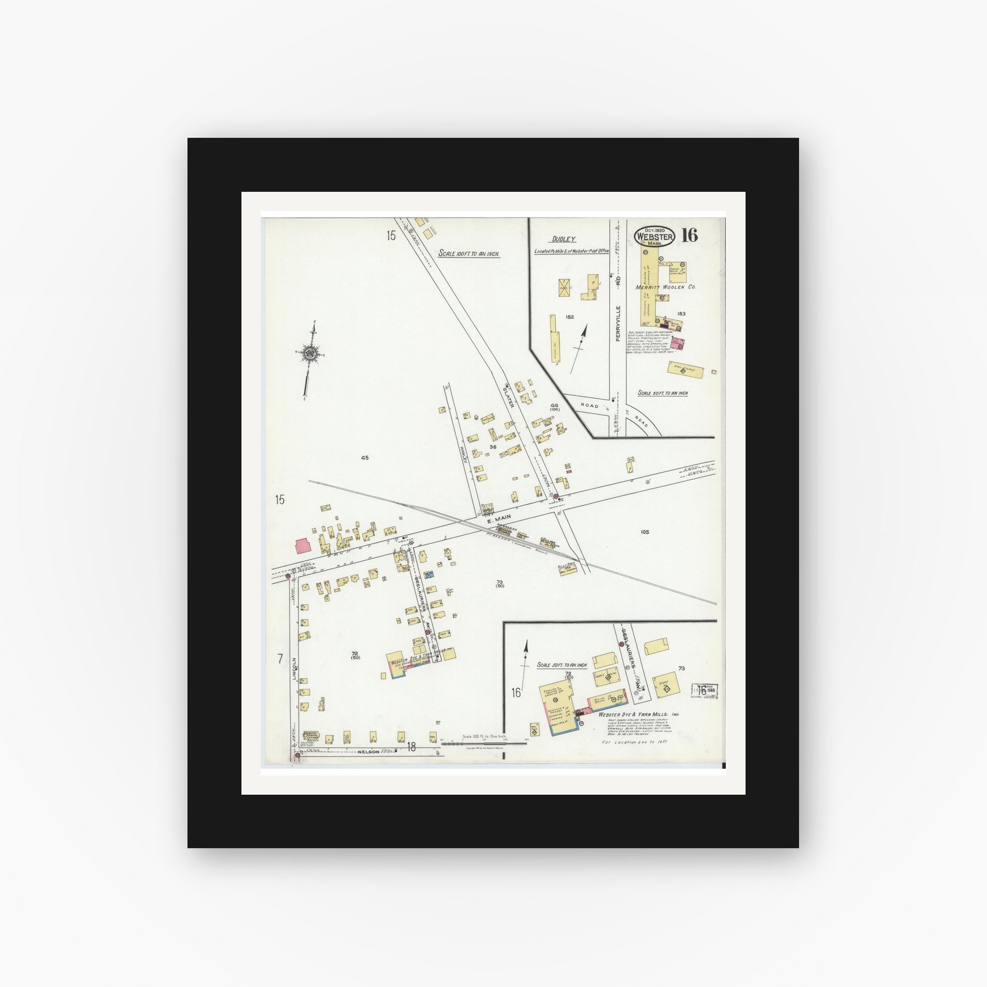 Old map wall art mockup — black gallery frame with white mat — Sanborn Fire Insurance Map from Webster, Worcester County, Massachusetts (1920), Sheet #0016