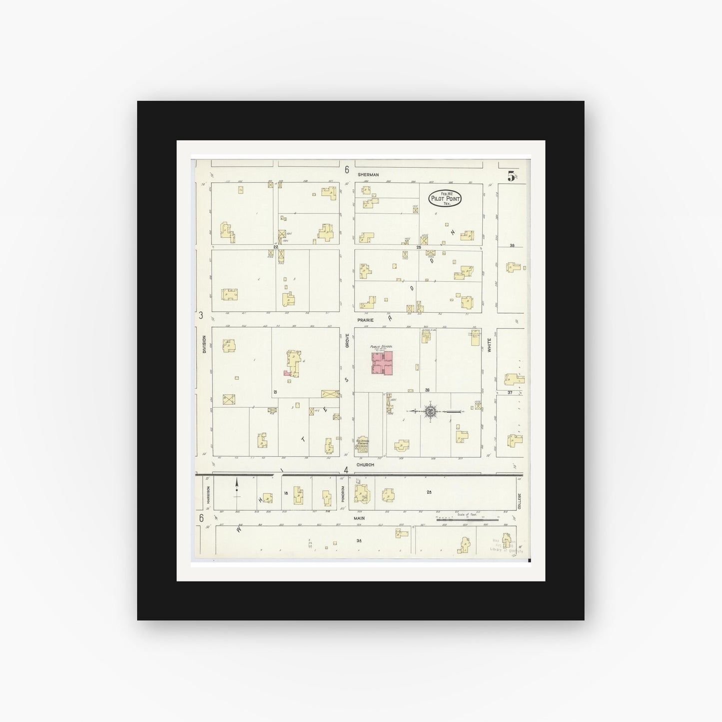 Old map wall art mockup — black gallery frame with white mat — Sanborn Fire Insurance Map from Pilot Point, Denton County, Texas (1912), Sheet #0005