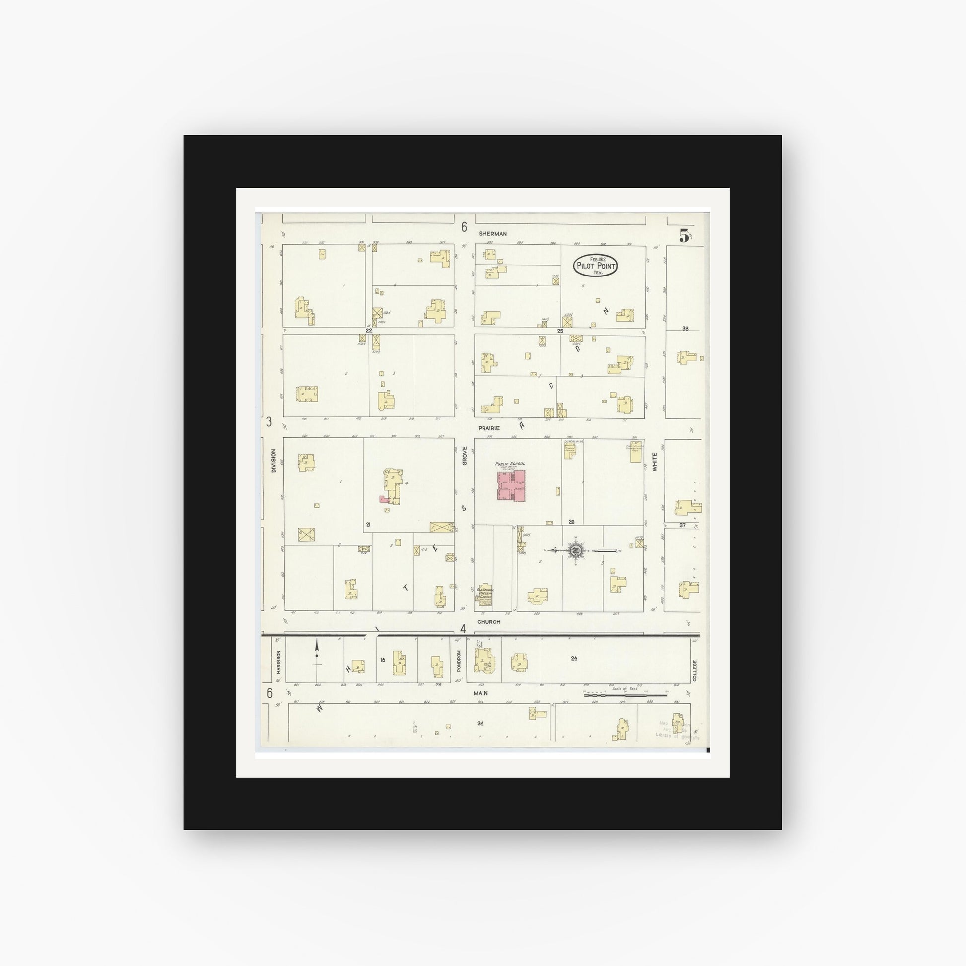 Old map wall art mockup — black gallery frame with white mat — Sanborn Fire Insurance Map from Pilot Point, Denton County, Texas (1912), Sheet #0005