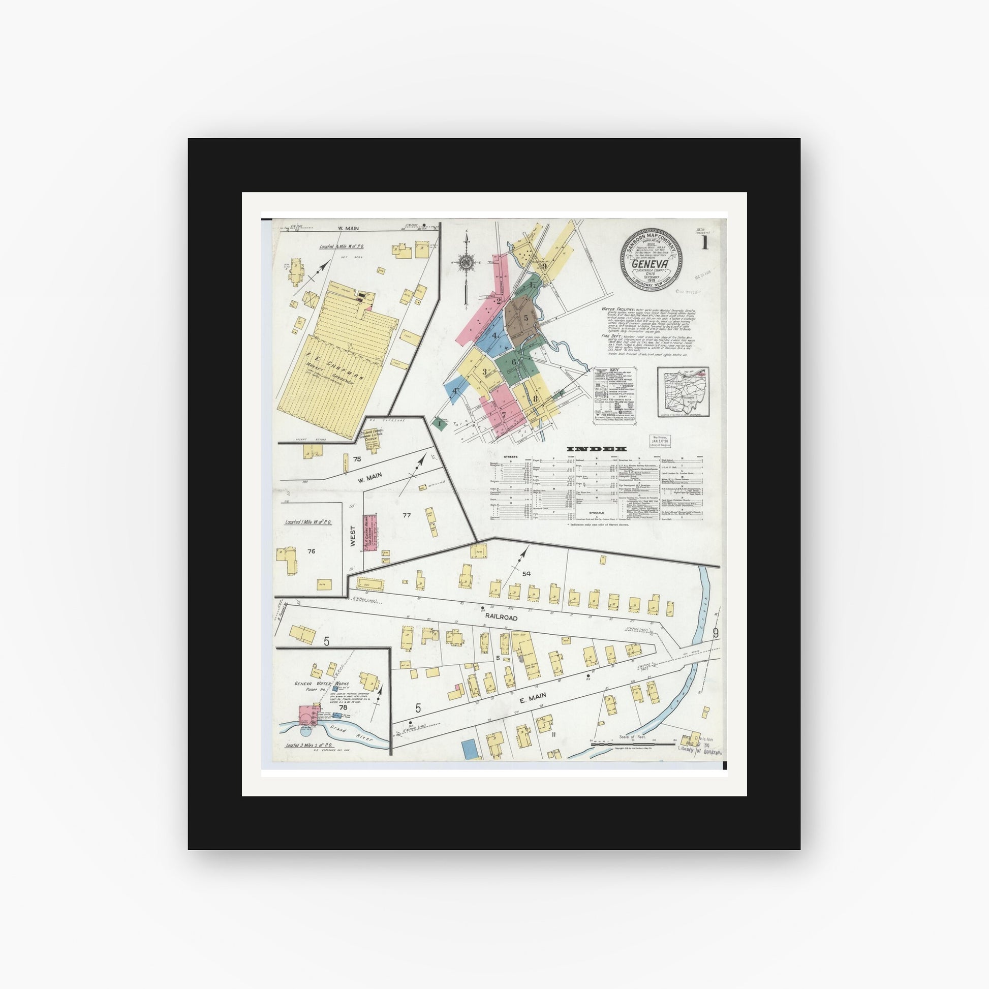 Old map wall art mockup — black gallery frame with white mat — Sanborn Fire Insurance Map from Geneva, Ashtabula County, Ohio (1919) - Complete Map Set