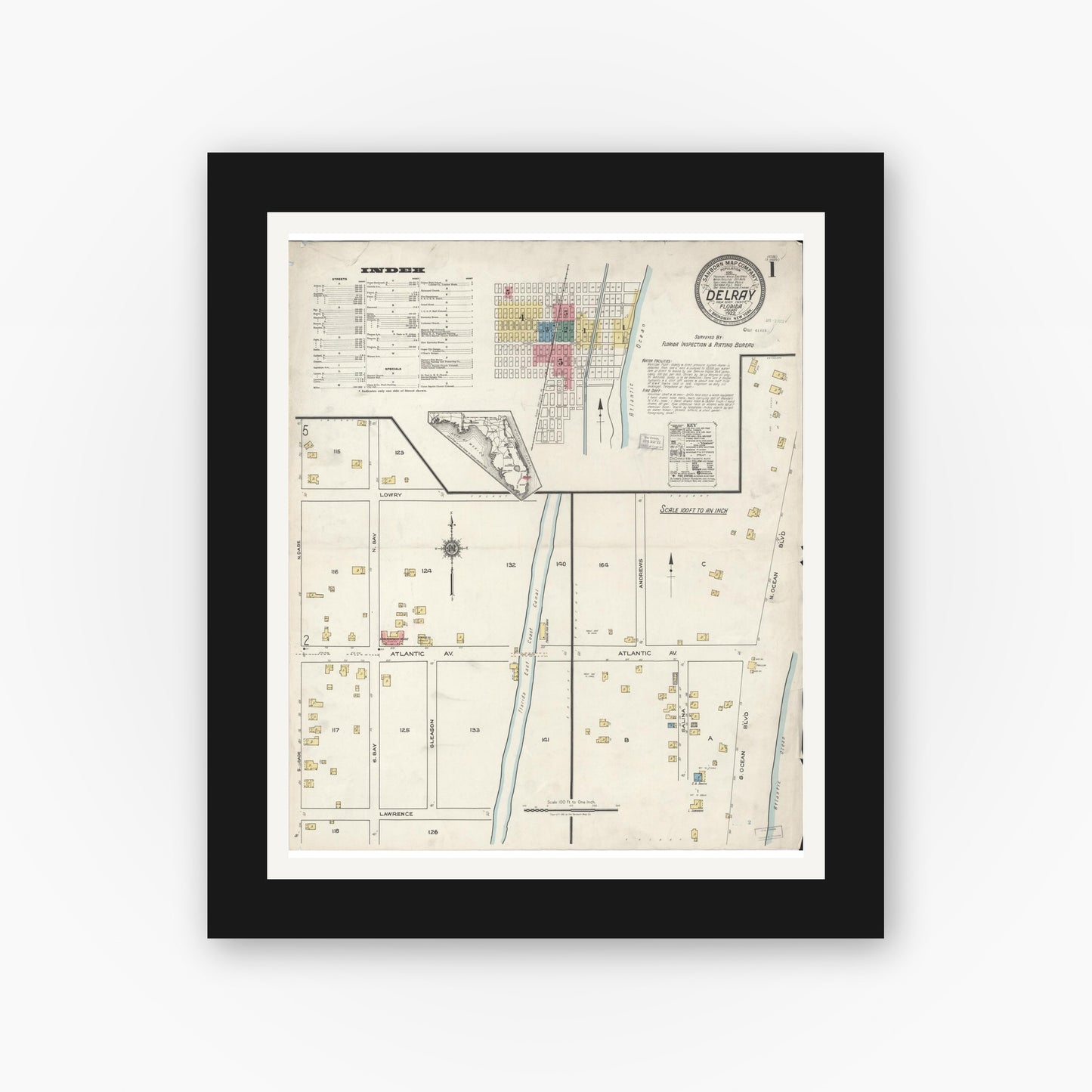 Old map wall art mockup — black gallery frame with white mat — Sanborn Fire Insurance Map from Delray, Palm Beach County, Florida (1922), Sheet #0001