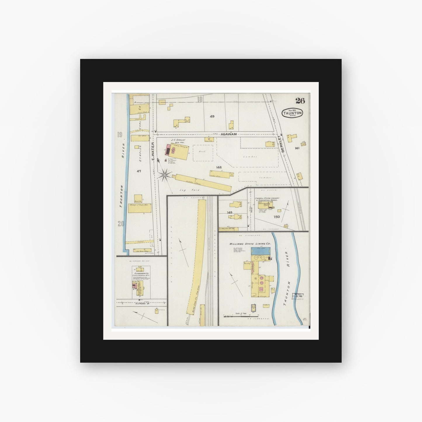 Old map wall art mockup — black gallery frame with white mat — Sanborn Fire Insurance Map from Taunton, Bristol County, Massachusetts (1893), Sheet #0026