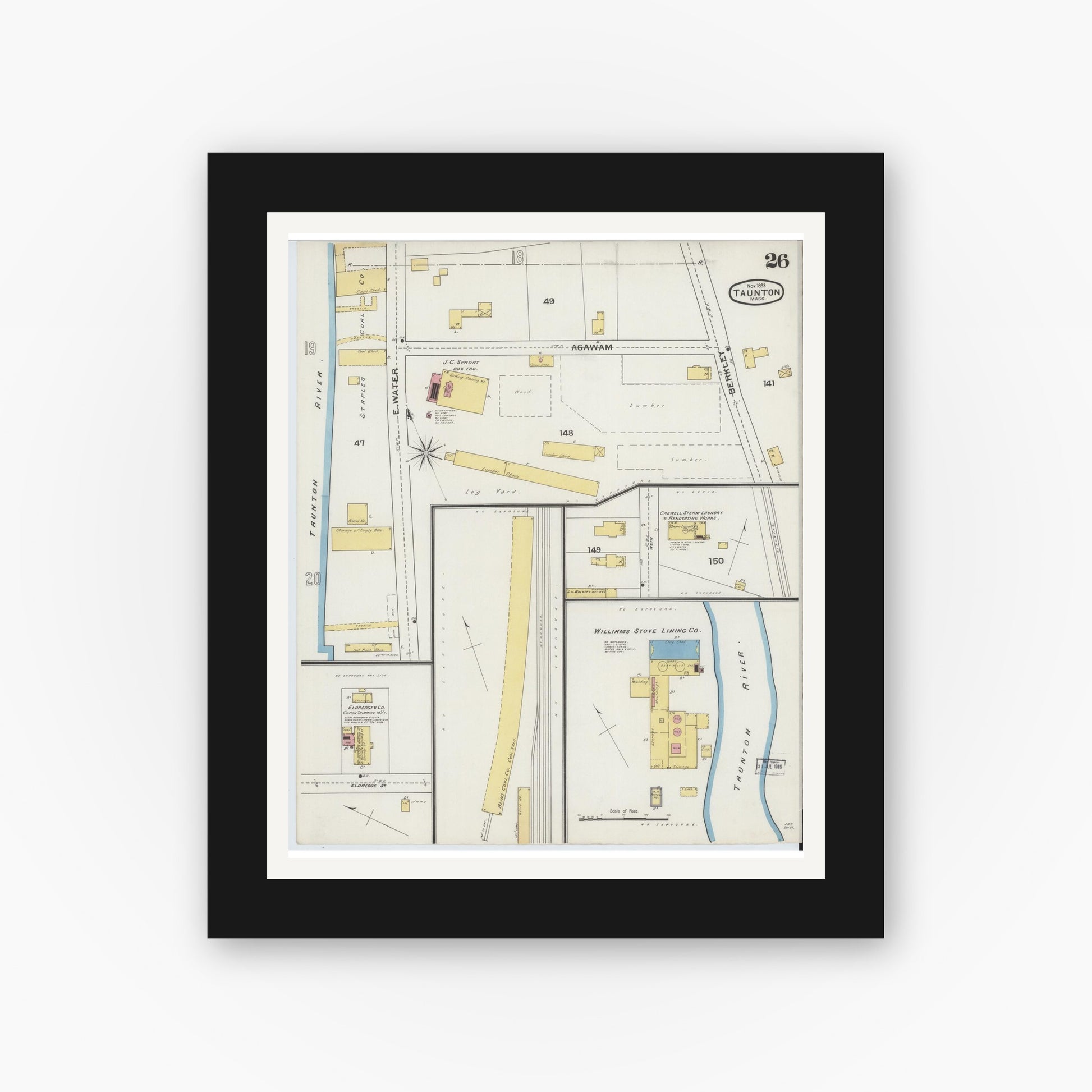 Old map wall art mockup — black gallery frame with white mat — Sanborn Fire Insurance Map from Taunton, Bristol County, Massachusetts (1893), Sheet #0026