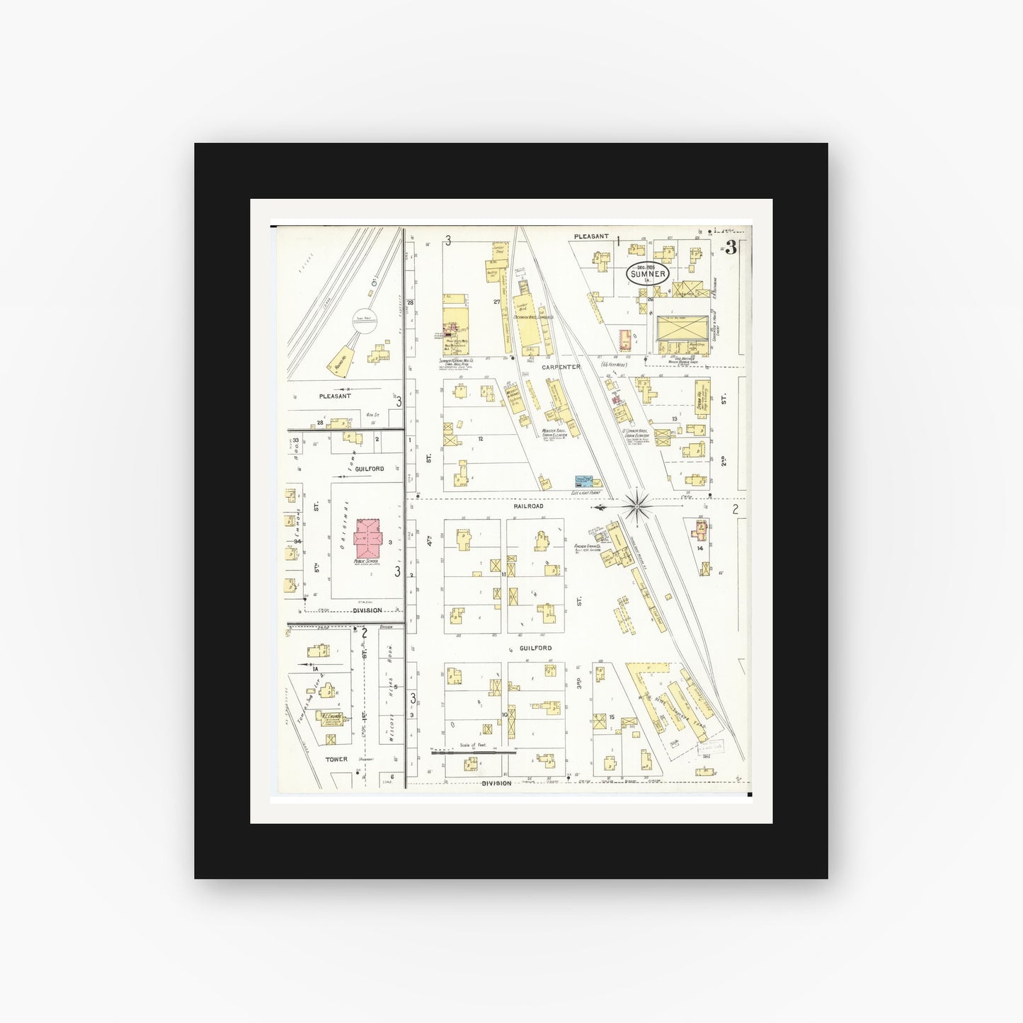 Old map wall art mockup — black gallery frame with white mat — Sanborn Fire Insurance Map from Sumner, Bremer County, Iowa (1905), Sheet #0003