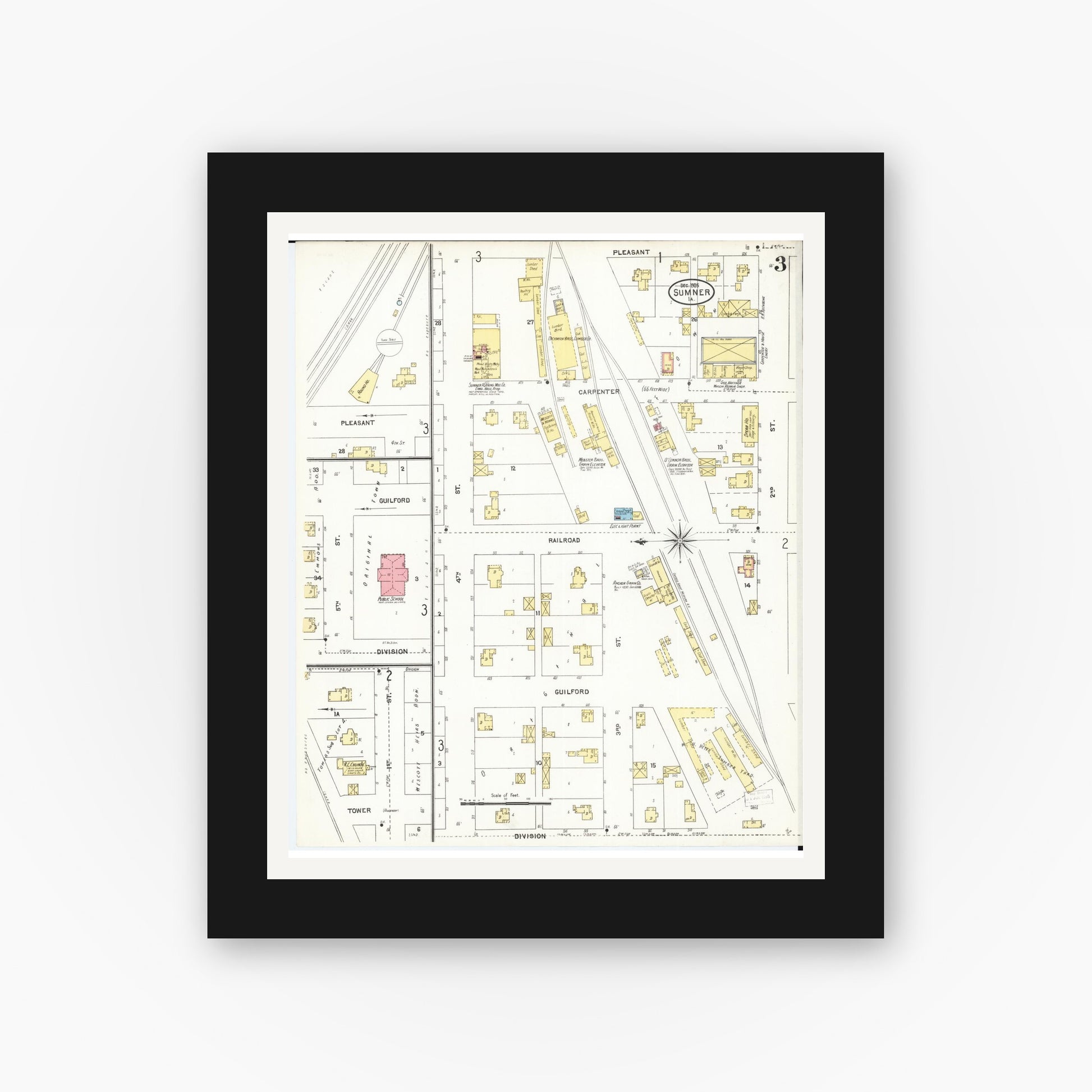 Old map wall art mockup — black gallery frame with white mat — Sanborn Fire Insurance Map from Sumner, Bremer County, Iowa (1905), Sheet #0003