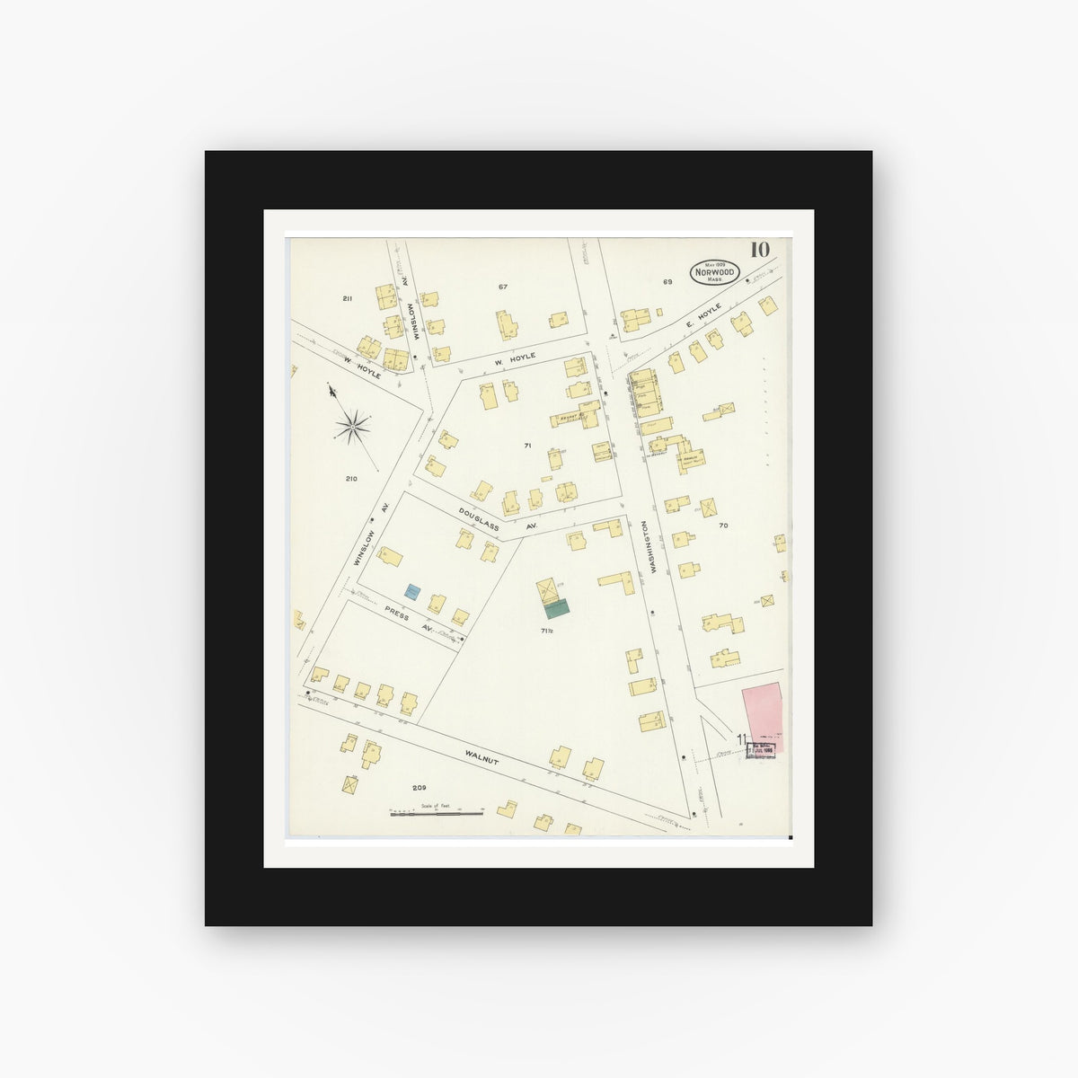 Old map wall art mockup — black gallery frame with white mat — Sanborn Fire Insurance Map from Norwood, Norfolk County, Massachusetts (1909), Sheet #0010