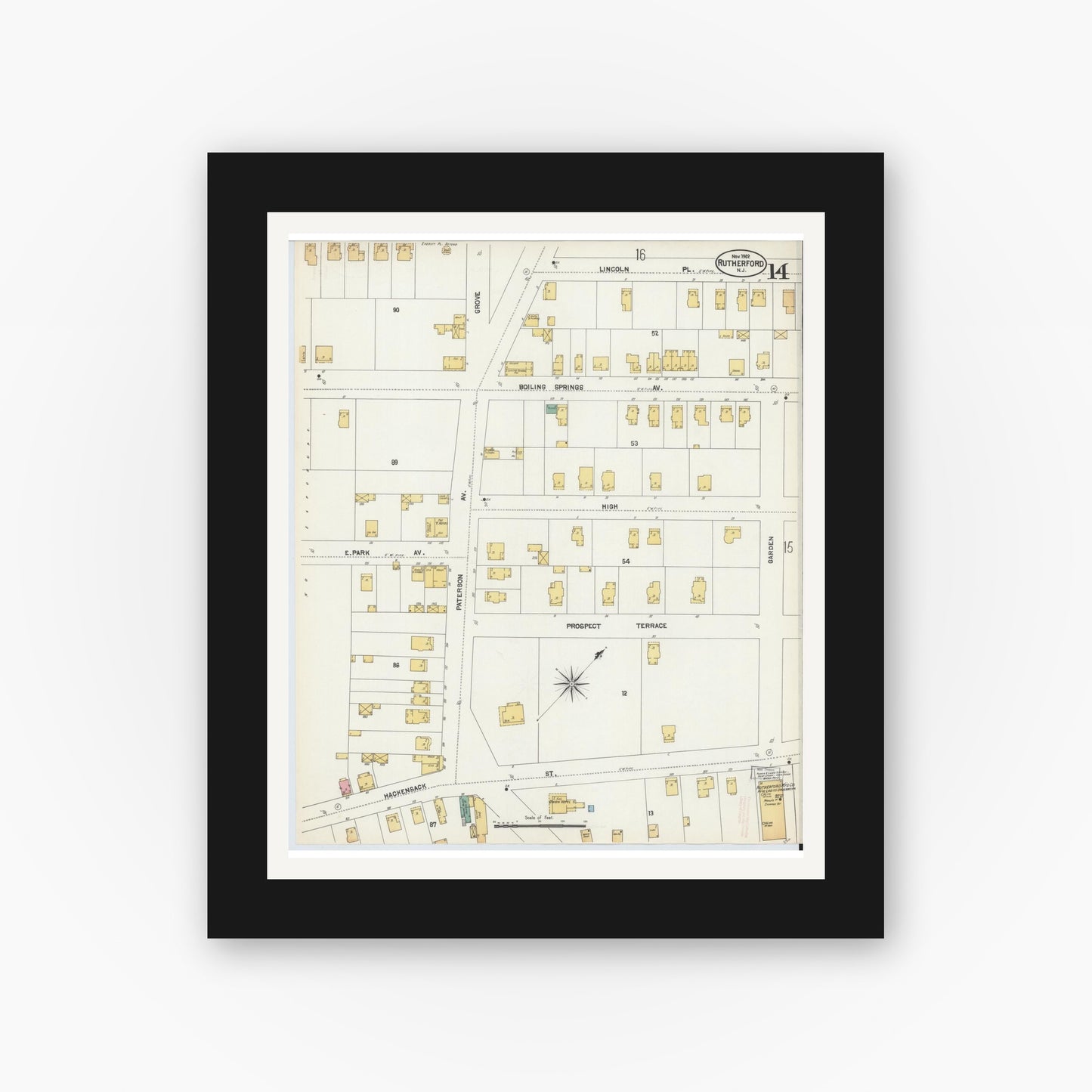 Old map wall art mockup — black gallery frame with white mat — Sanborn Fire Insurance Map from Rutherford, Bergen County, New Jersey (1902), Sheet #0014