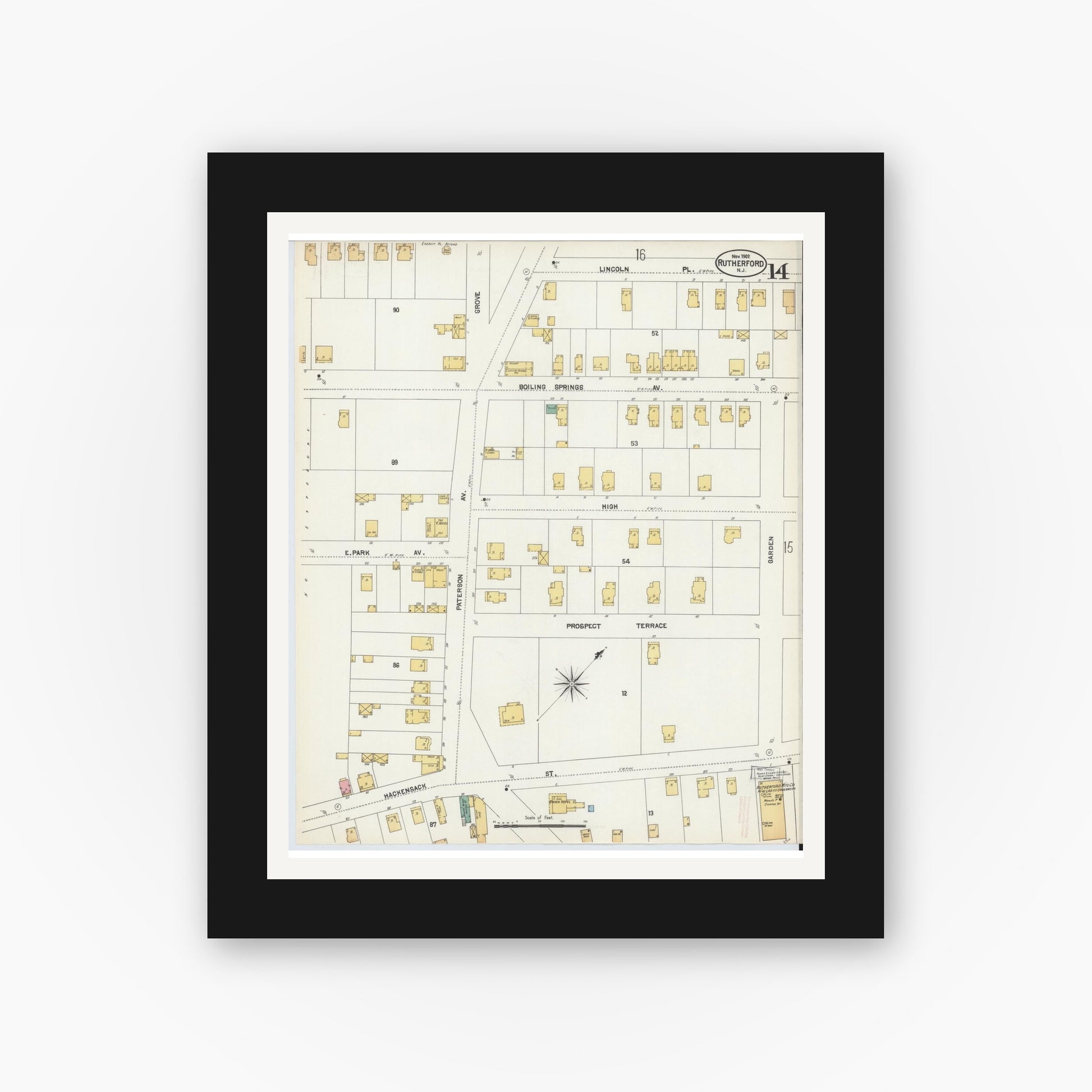 Old map wall art mockup — black gallery frame with white mat — Sanborn Fire Insurance Map from Rutherford, Bergen County, New Jersey (1902), Sheet #0014