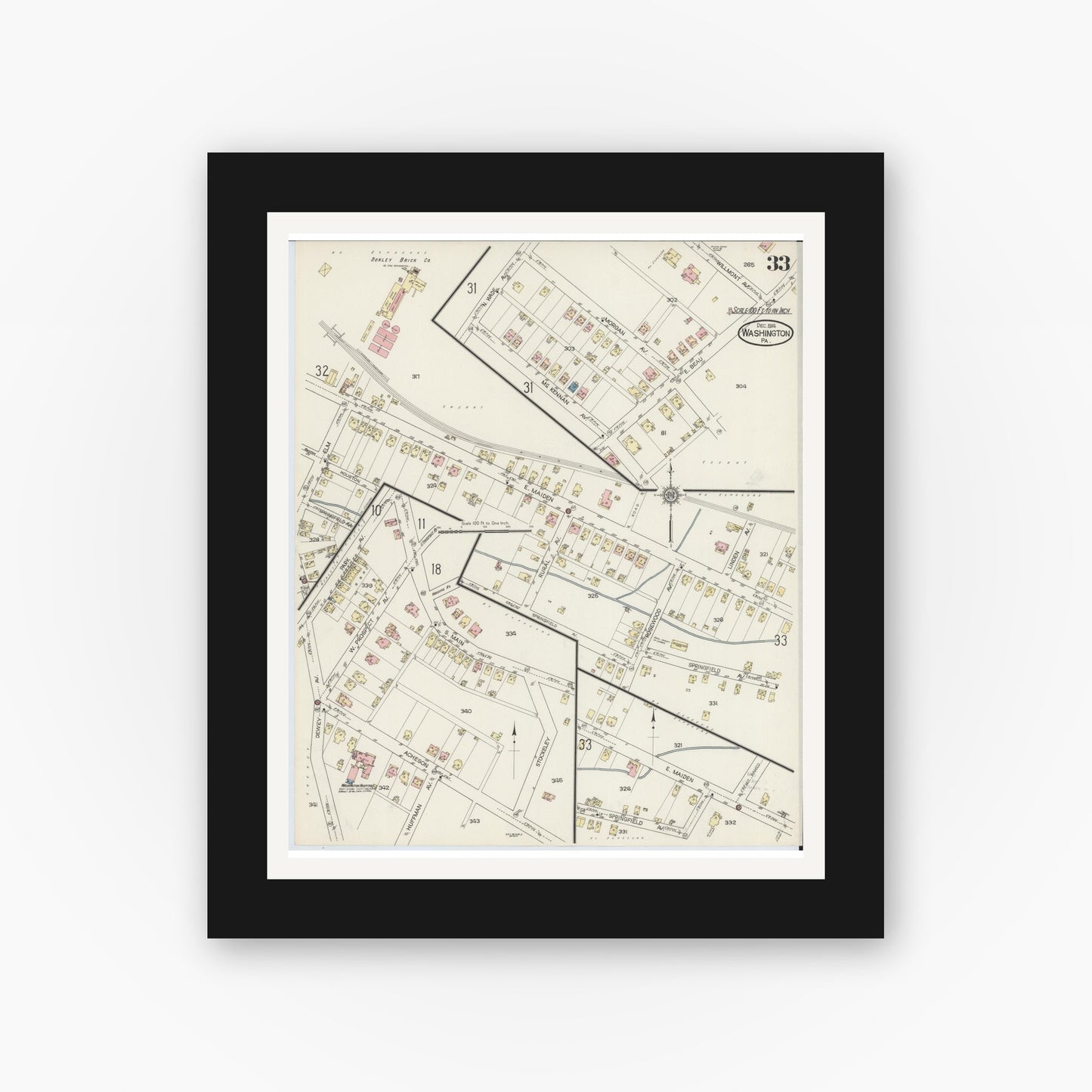 Old map wall art mockup — black gallery frame with white mat — Sanborn Fire Insurance Map from Washington, Washington County, Pennsylvania (1914), Sheet #0033