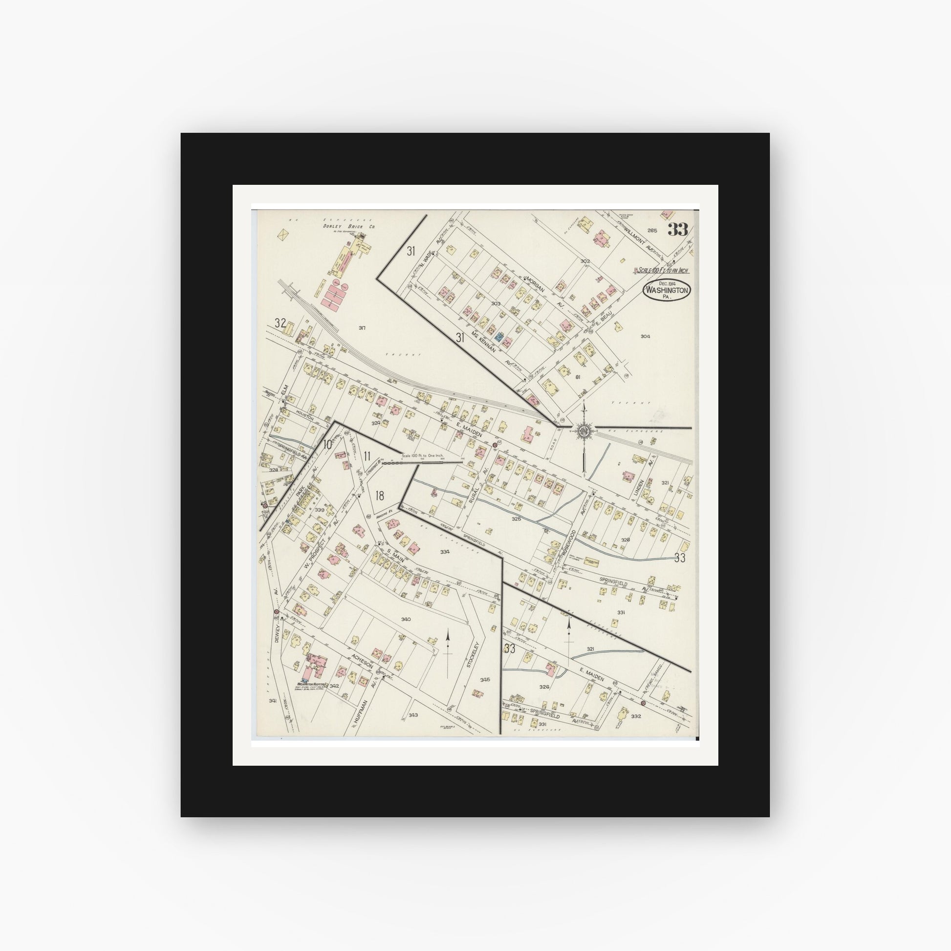 Old map wall art mockup — black gallery frame with white mat — Sanborn Fire Insurance Map from Washington, Washington County, Pennsylvania (1914), Sheet #0033