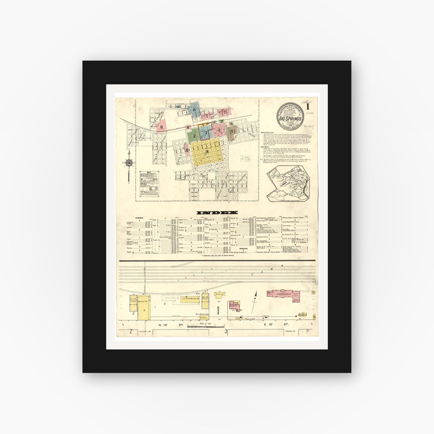 Old map wall art mockup — black gallery frame with white mat — Sanborn Fire Insurance Map from Big Spring, Howard County, Texas (1914), Sheet #0001