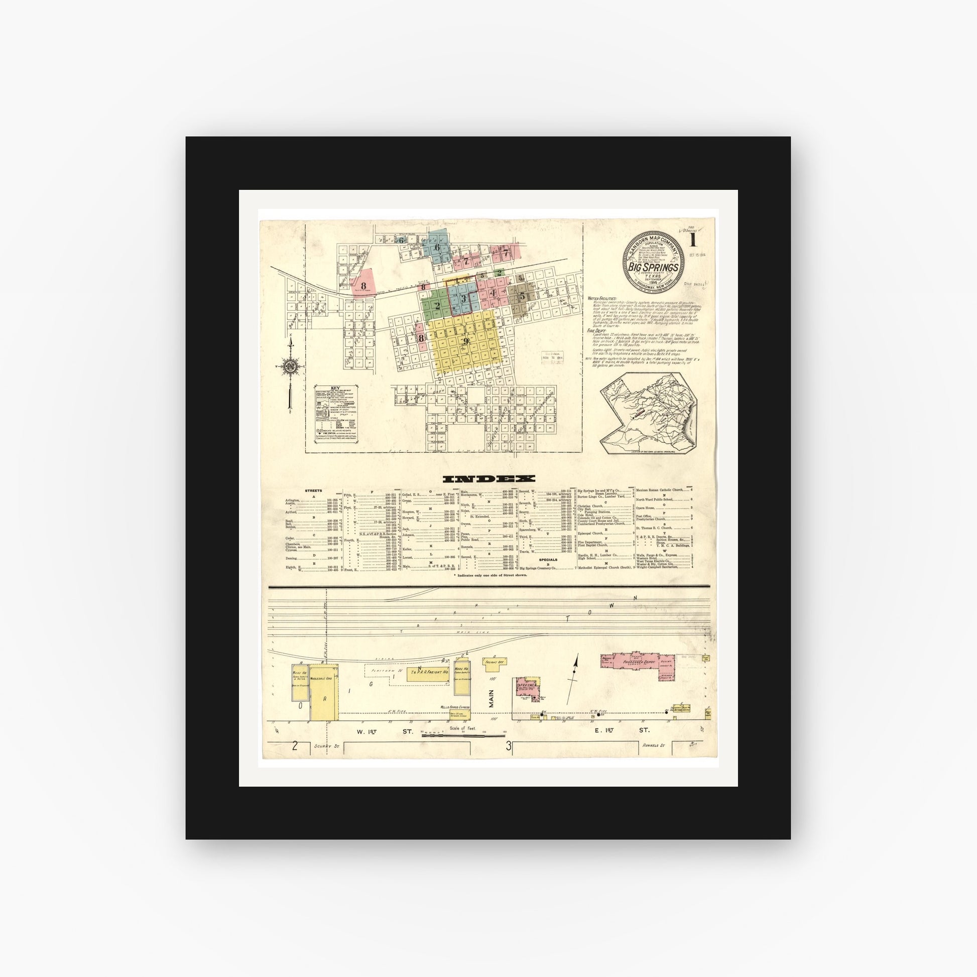 Old map wall art mockup — black gallery frame with white mat — Sanborn Fire Insurance Map from Big Spring, Howard County, Texas (1914), Sheet #0001