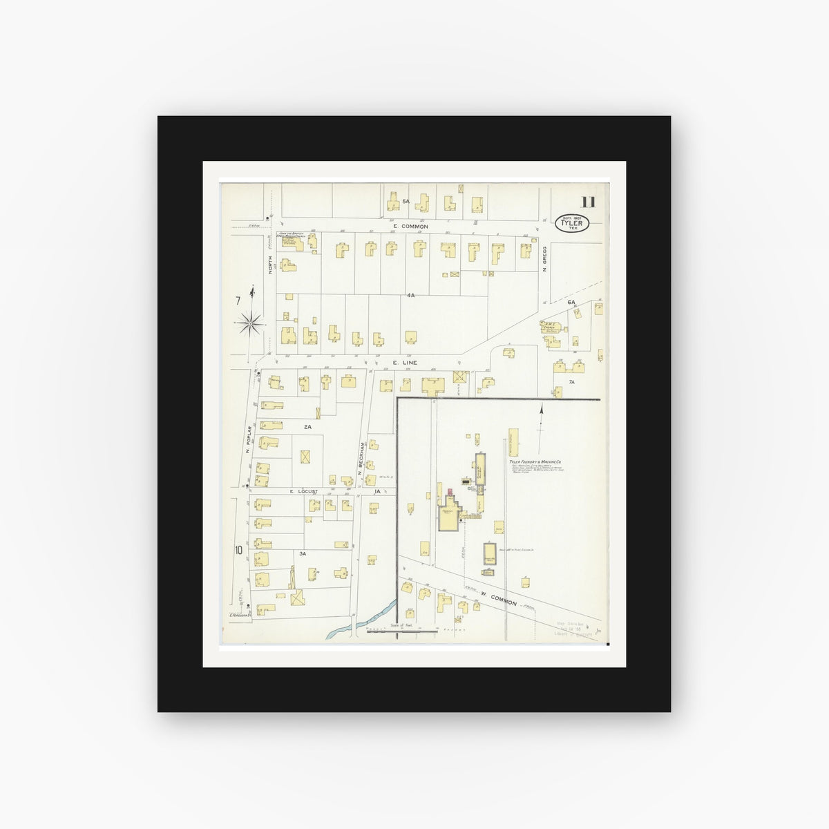 Old map wall art mockup — black gallery frame with white mat — Sanborn Fire Insurance Map from Tyler, Smith County, Texas (1907), Sheet #0011