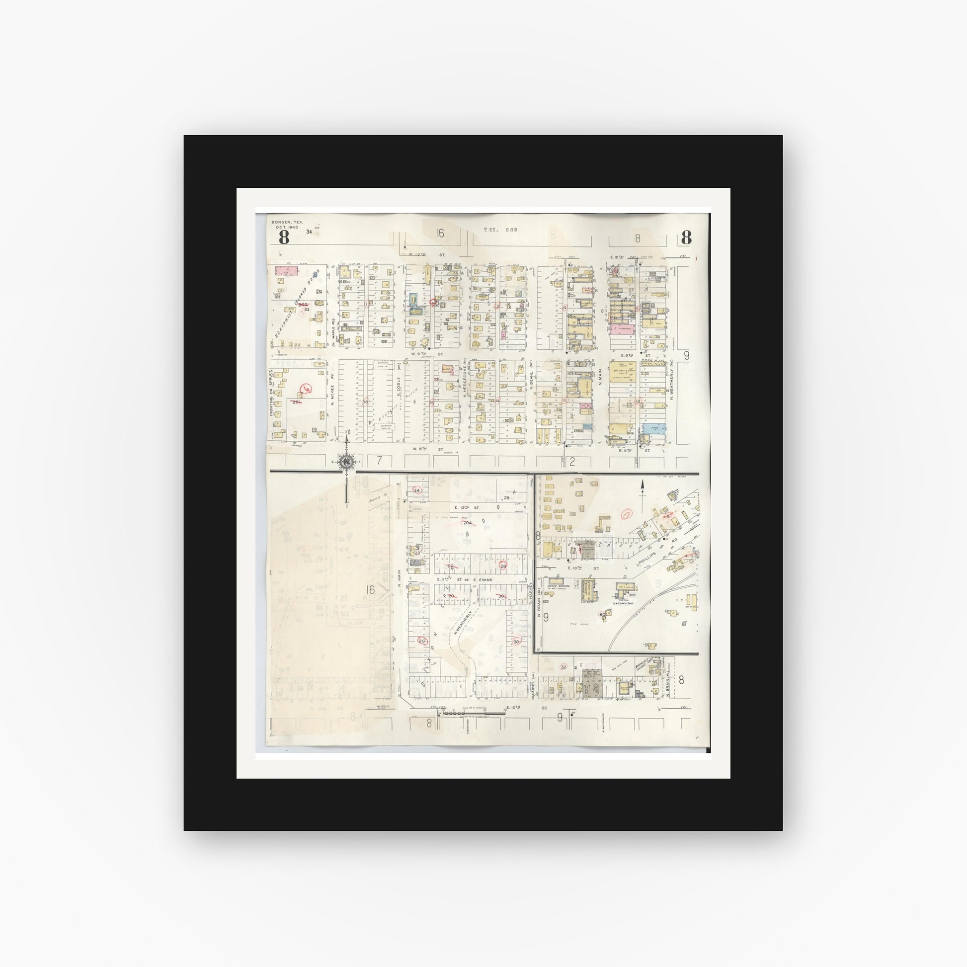 Old map wall art mockup — black gallery frame with white mat — Sanborn Fire Insurance Map from Borger, Hutchinson County, Texas (1950), Sheet #0008