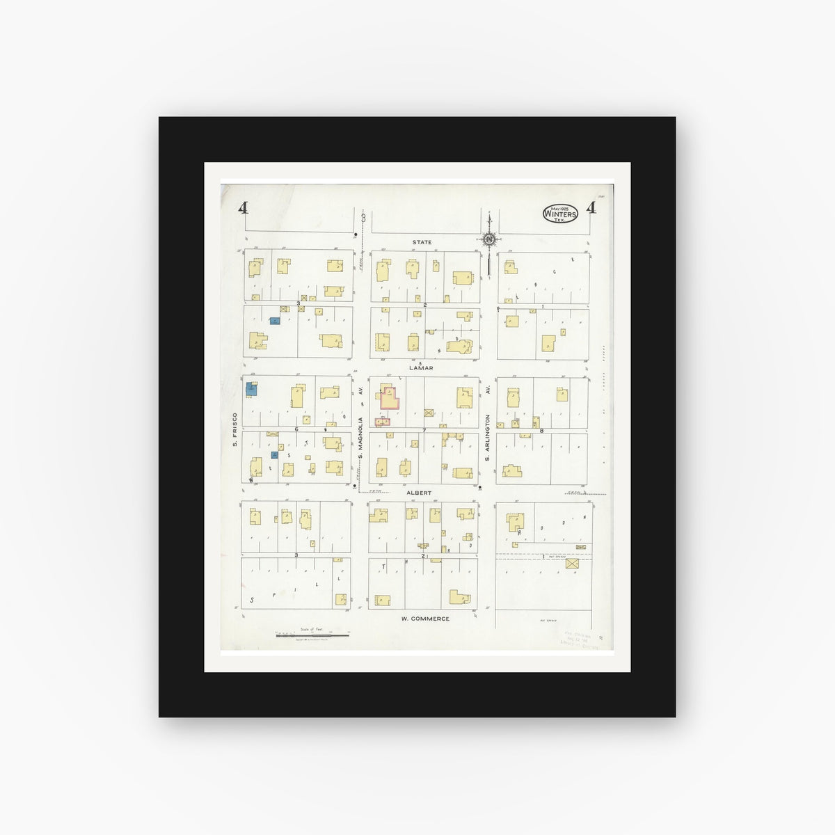 Old map wall art mockup — black gallery frame with white mat — Sanborn Fire Insurance Map from Winters, Runnels County, Texas (1925), Sheet #0004