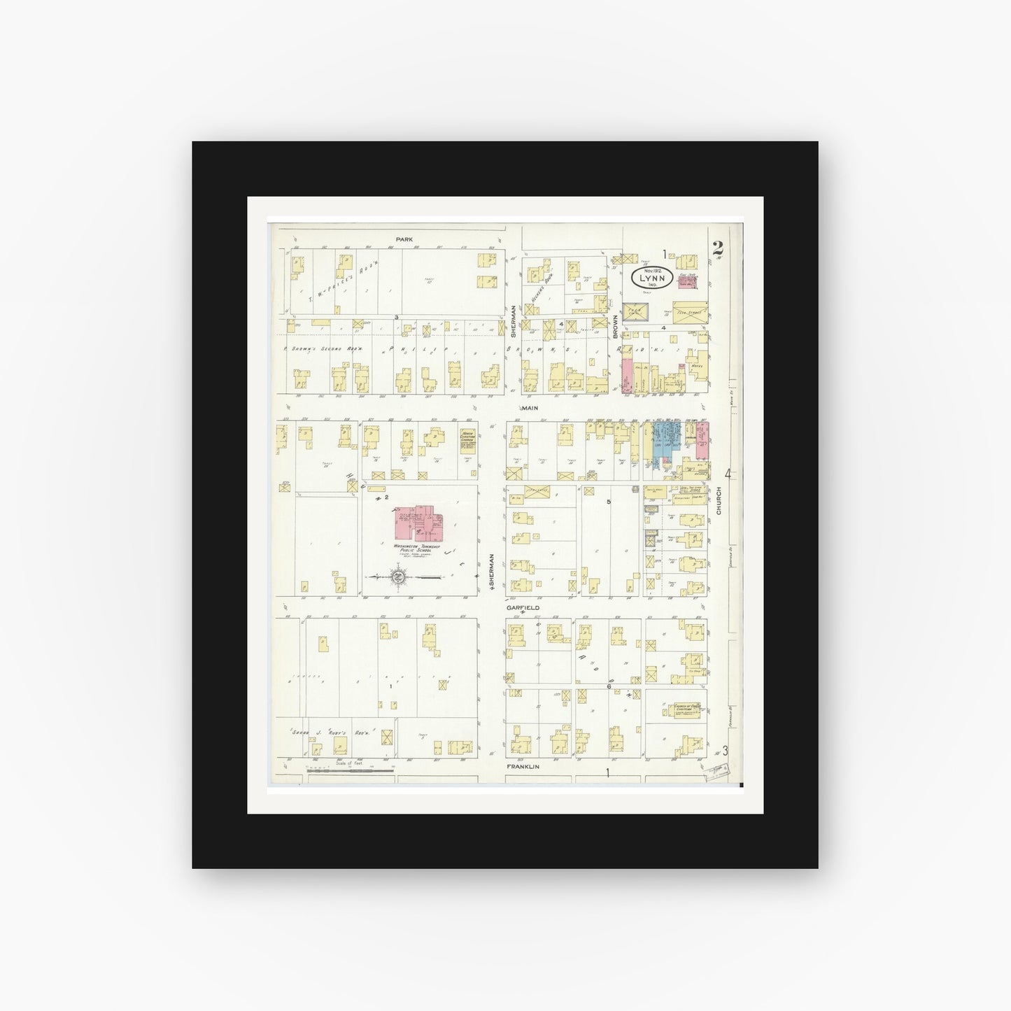 Old map wall art mockup — black gallery frame with white mat — Sanborn Fire Insurance Map from Lynn, Randolph County, Indiana (1912), Sheet #0002