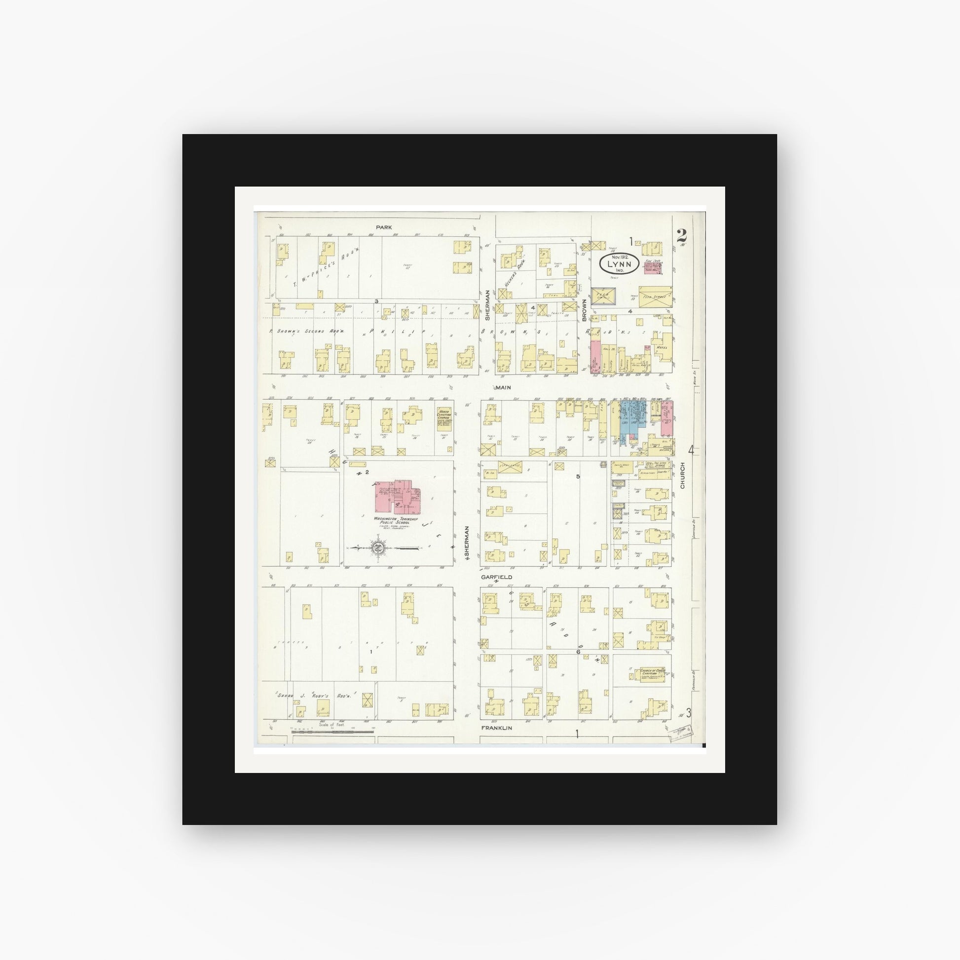 Old map wall art mockup — black gallery frame with white mat — Sanborn Fire Insurance Map from Lynn, Randolph County, Indiana (1912), Sheet #0002