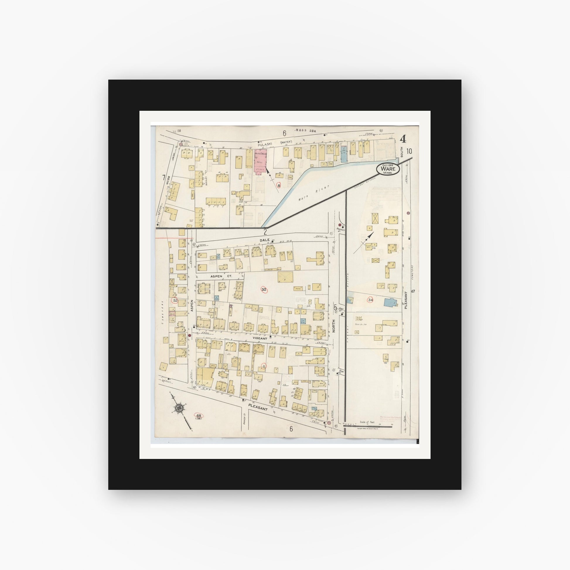 Old map wall art mockup — black gallery frame with white mat — Sanborn Fire Insurance Map from Ware, Hampshire County, Massachusetts (1946), Sheet #0004