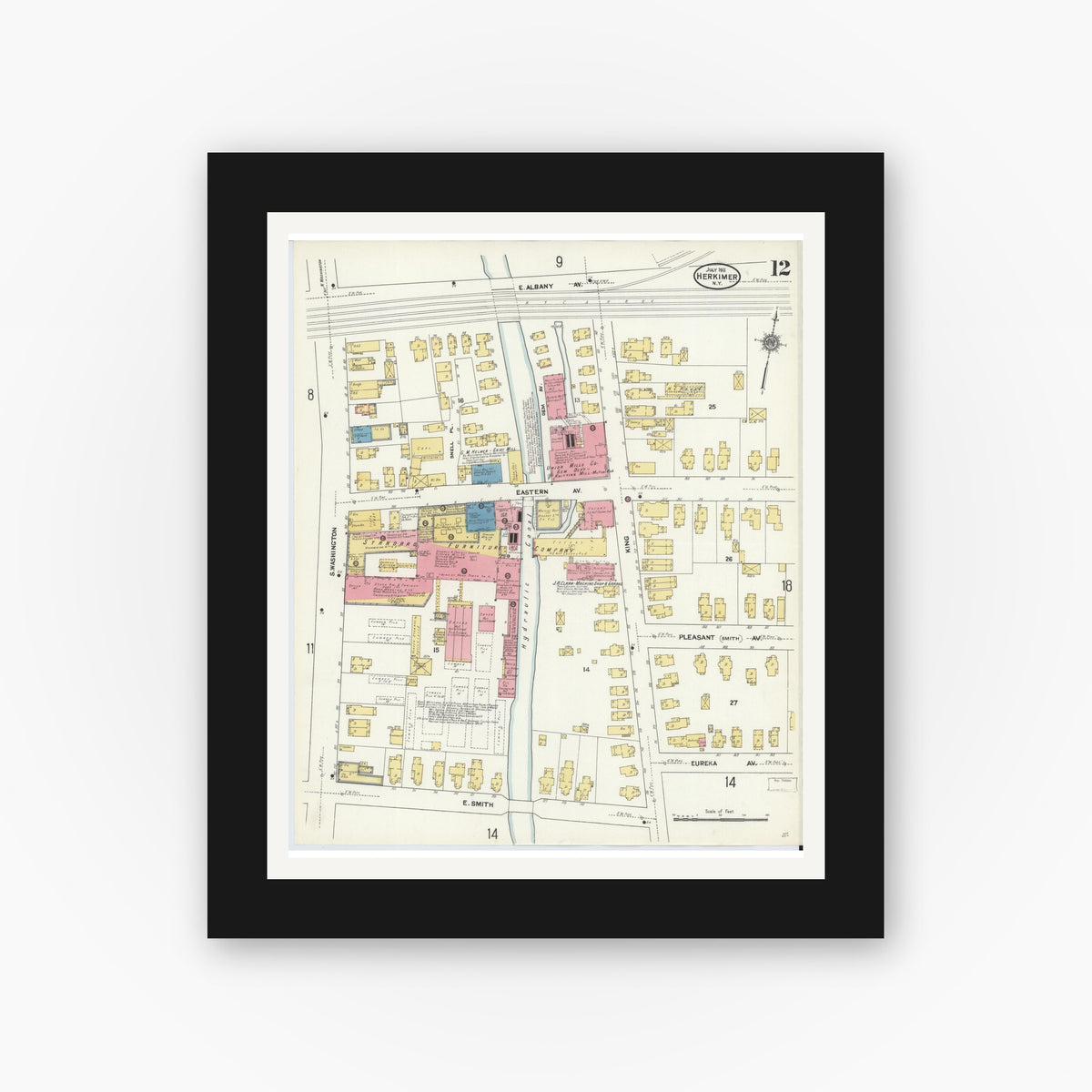 Old map wall art mockup — black gallery frame with white mat — Sanborn Fire Insurance Map from Herkimer, Herkimer County, New York (1911), Sheet #0012