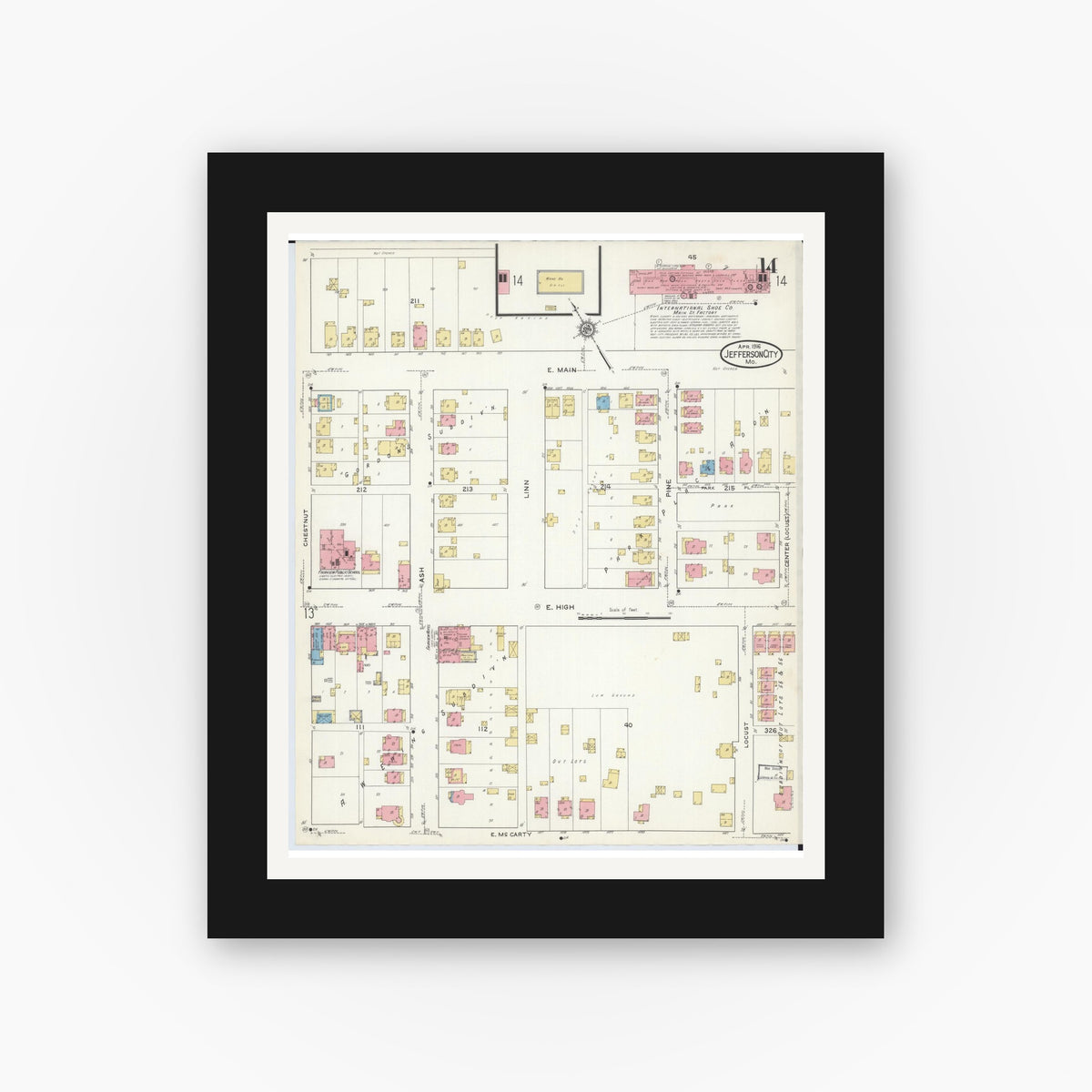 Old map wall art mockup — black gallery frame with white mat — Sanborn Fire Insurance Map from Jefferson City, Cole County, Missouri (1916), Sheet #0014