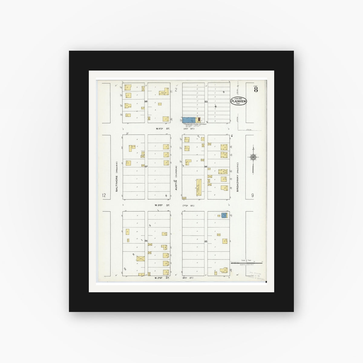 Old map wall art mockup — black gallery frame with white mat — Sanborn Fire Insurance Map from Plainview, Hale County, Texas (1921), Sheet #0008