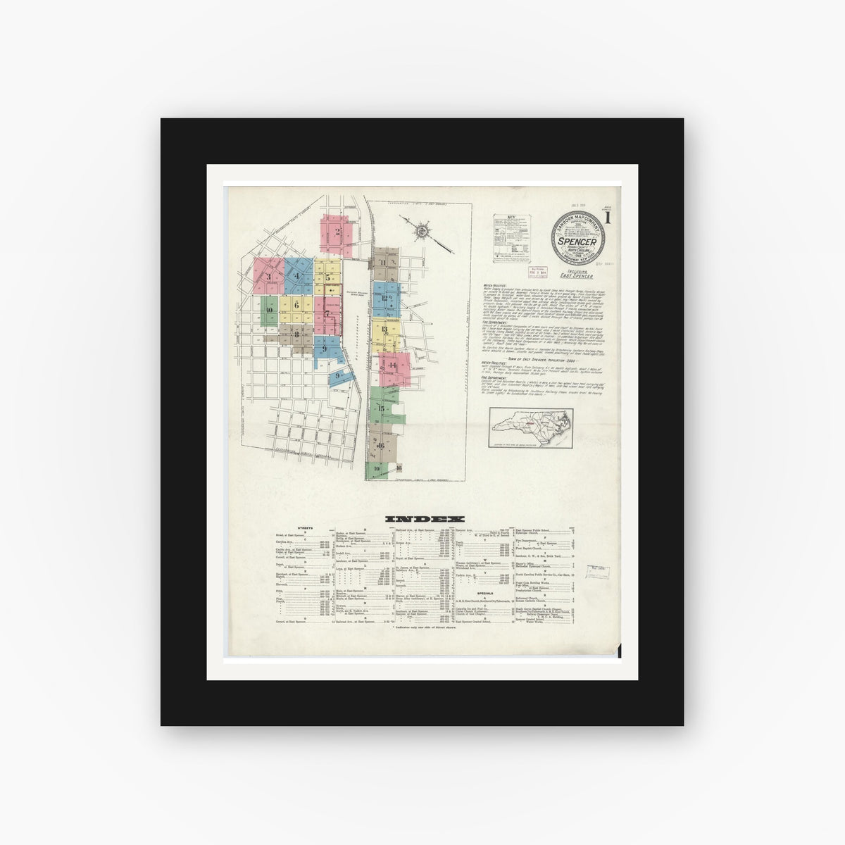 Old map wall art mockup — black gallery frame with white mat — Sanborn Fire Insurance Map from Spencer, Rowan County, North Carolina (1913) - Complete Map Set