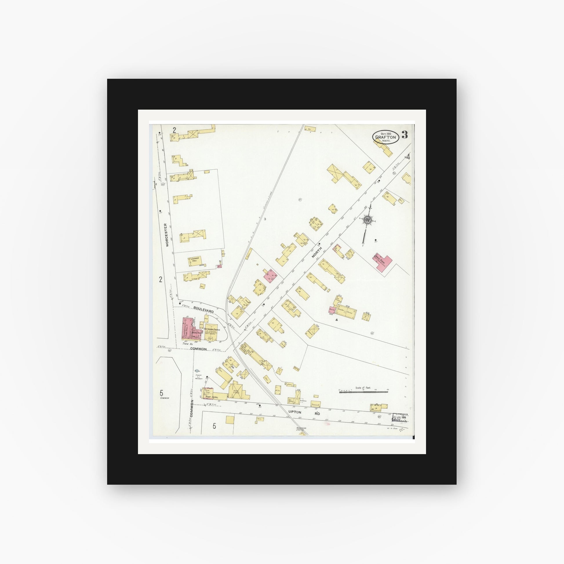 Old map wall art mockup — black gallery frame with white mat — Sanborn Fire Insurance Map from Grafton, Worcester County, Massachusetts (1910), Sheet #0003