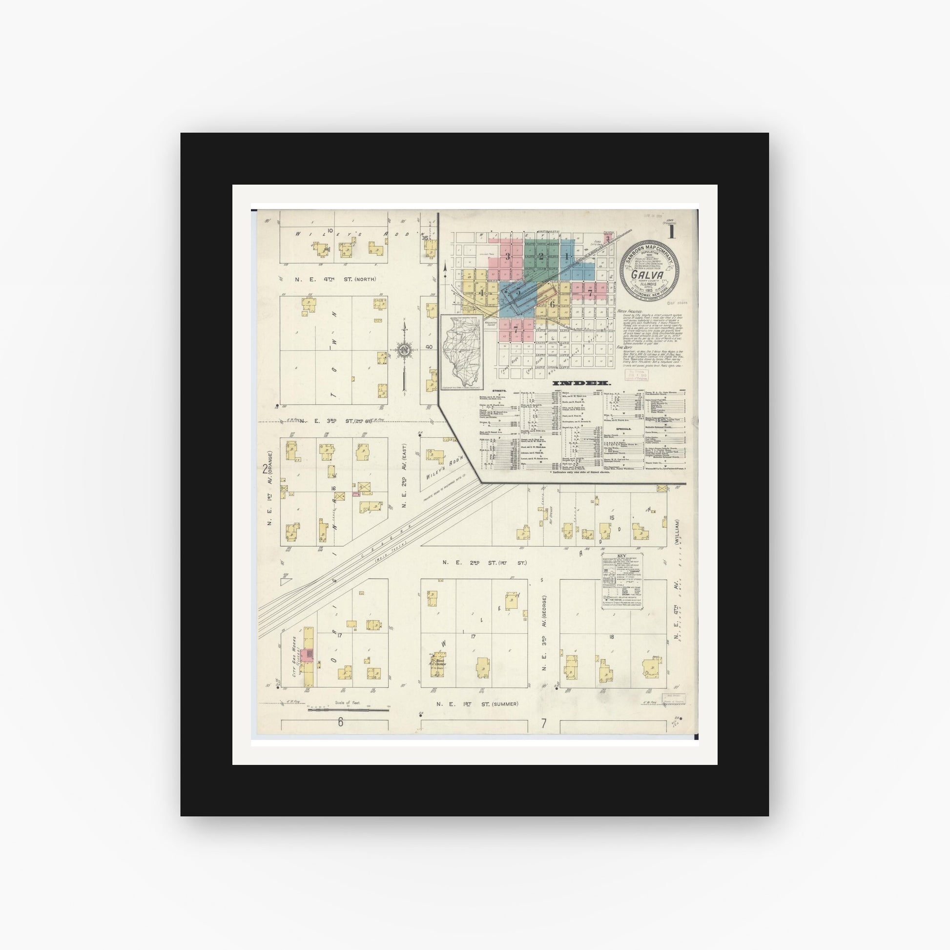 Old map wall art mockup — black gallery frame with white mat — Sanborn Fire Insurance Map from Galva, Henry County, Illinois (1913) - Complete Map Set