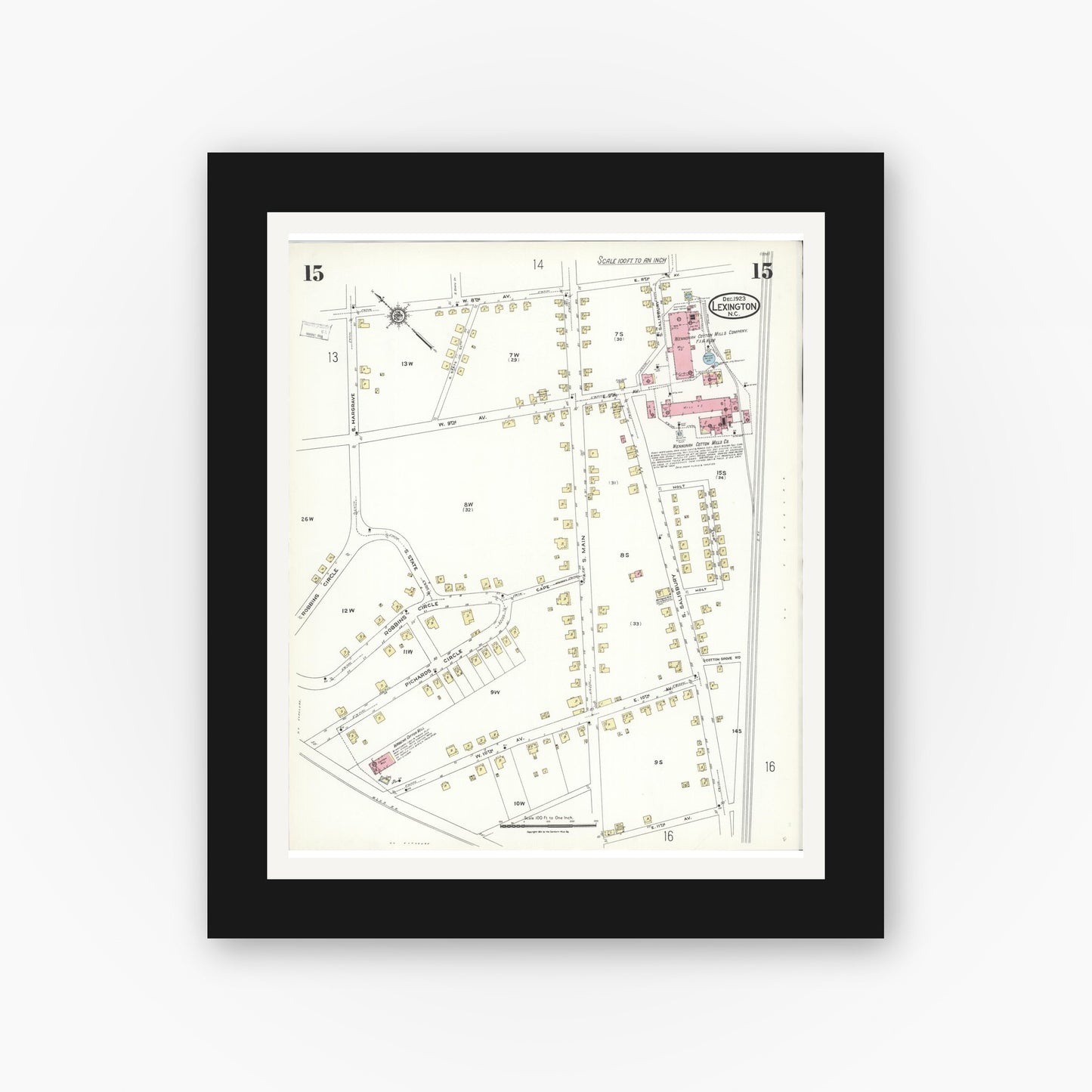 Old map wall art mockup — black gallery frame with white mat — Sanborn Fire Insurance Map from Lexington, Davidson County, North Carolina (1923), Sheet #0015