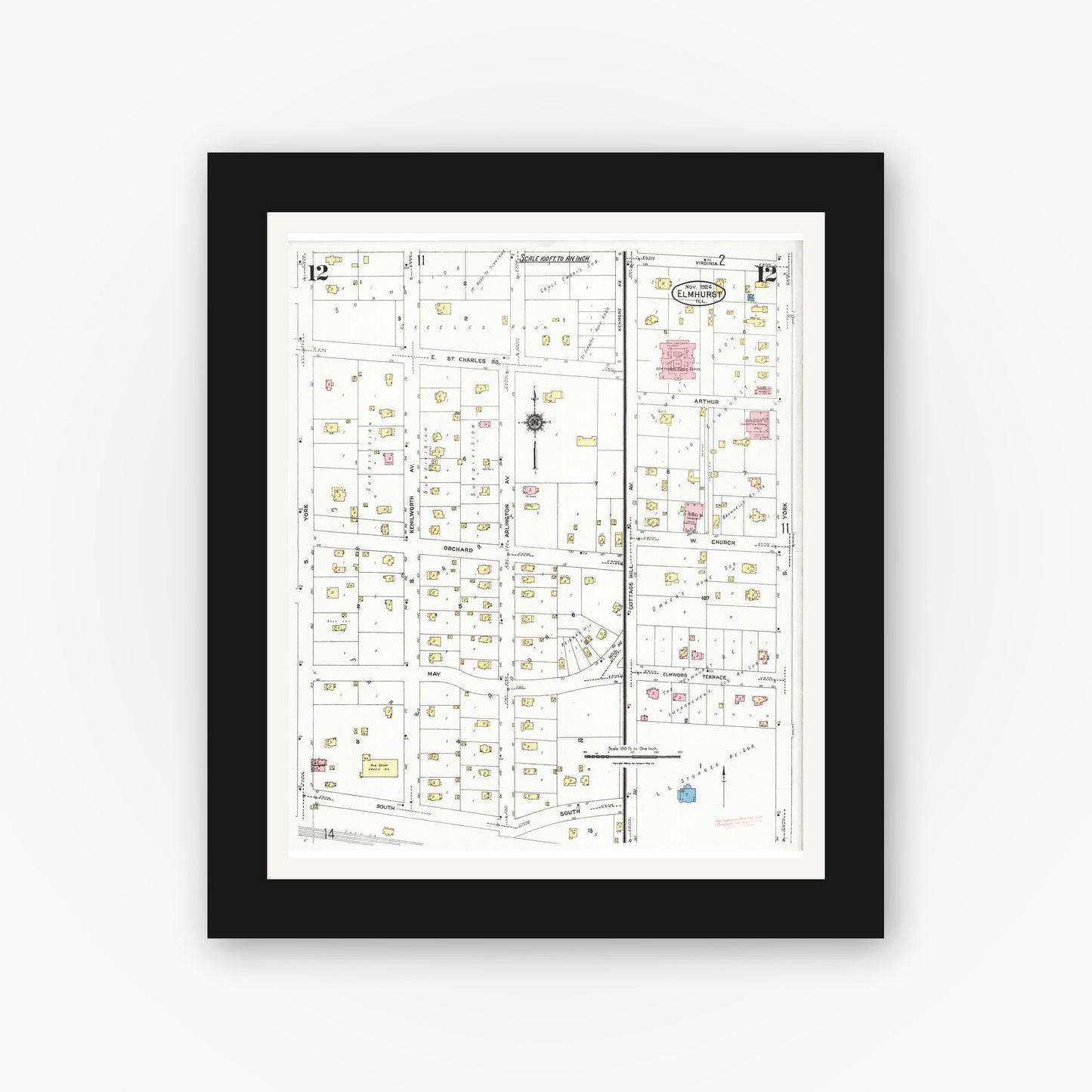 Old map wall art mockup — black gallery frame with white mat — Sanborn Fire Insurance Map from Elmhurst, Du Page County, Illinois (1924), Sheet #0012