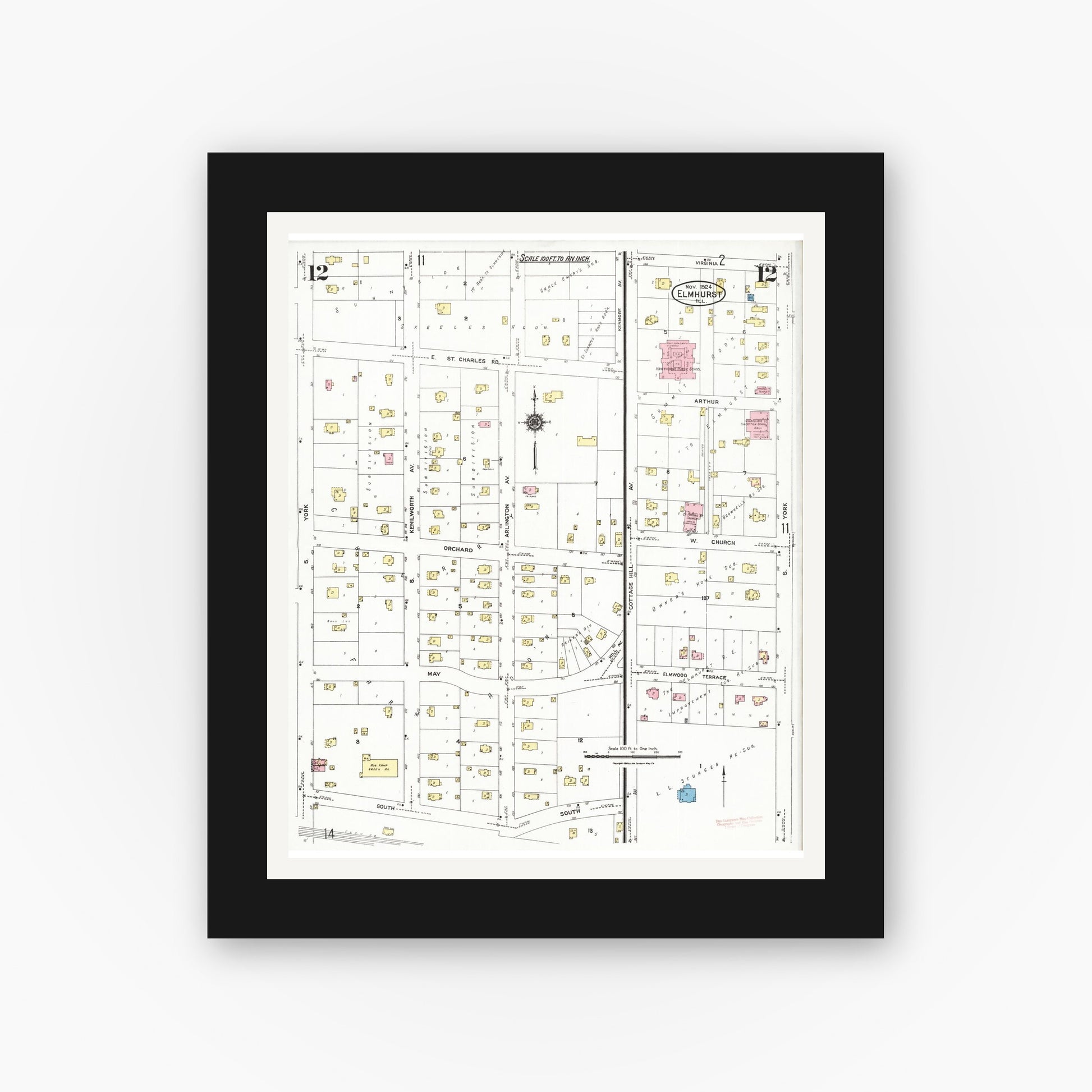 Old map wall art mockup — black gallery frame with white mat — Sanborn Fire Insurance Map from Elmhurst, Du Page County, Illinois (1924), Sheet #0012