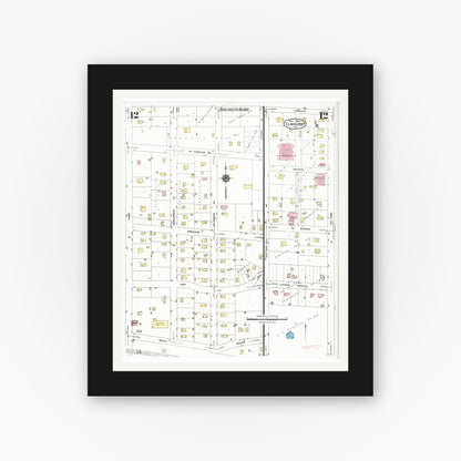 Old map wall art mockup — black gallery frame with white mat — Sanborn Fire Insurance Map from Elmhurst, Du Page County, Illinois (1924), Sheet #0012