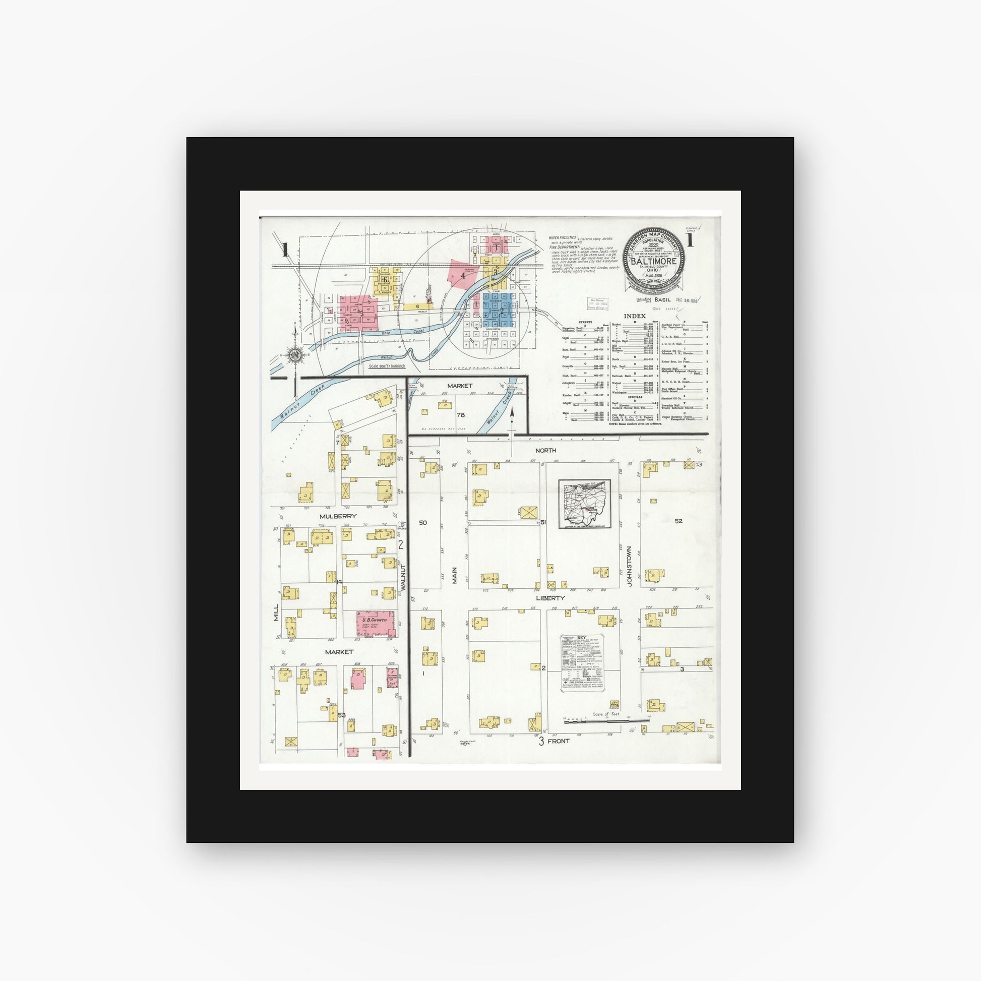 Old map wall art mockup — black gallery frame with white mat — Sanborn Fire Insurance Map from Baltimore, Fairfield County, Ohio (1926), Sheet #0001