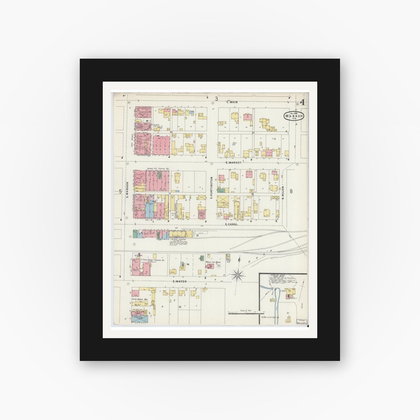 Old map wall art mockup — black gallery frame with white mat — Sanborn Fire Insurance Map from Wabash, Wabash County, Indiana (1896), Sheet #0004