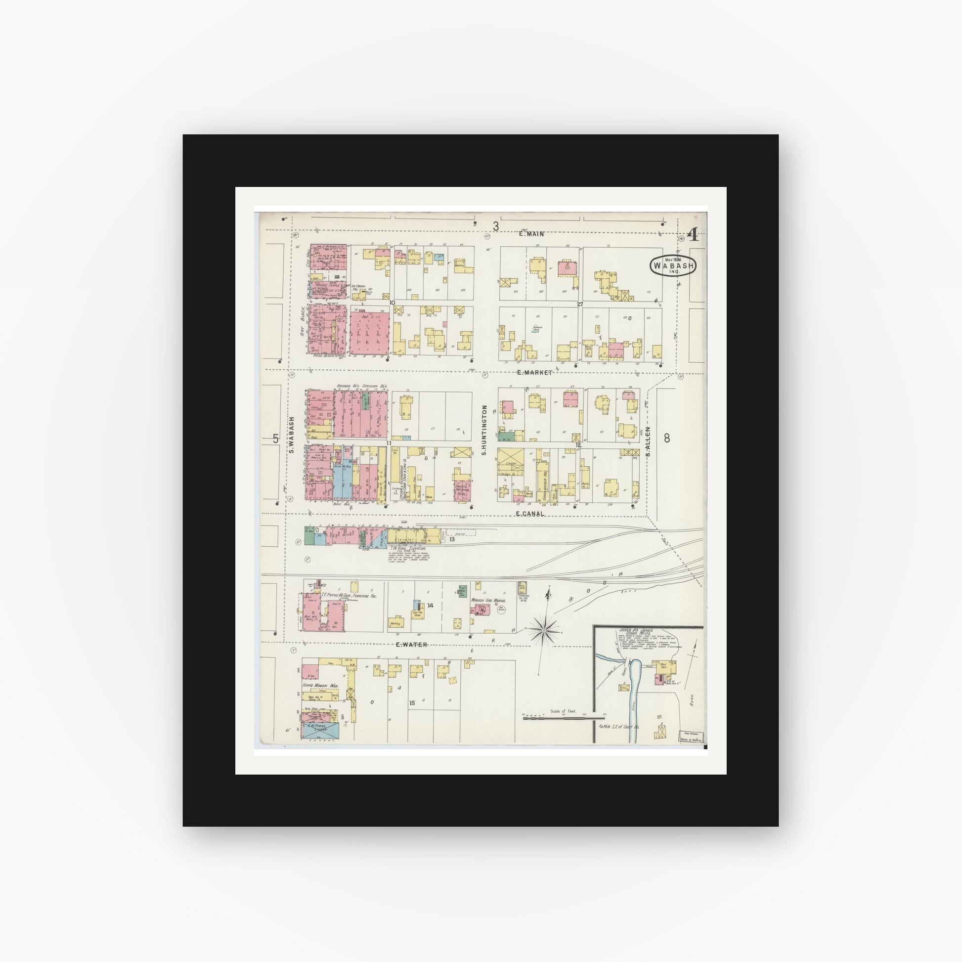 Old map wall art mockup — black gallery frame with white mat — Sanborn Fire Insurance Map from Wabash, Wabash County, Indiana (1896), Sheet #0004