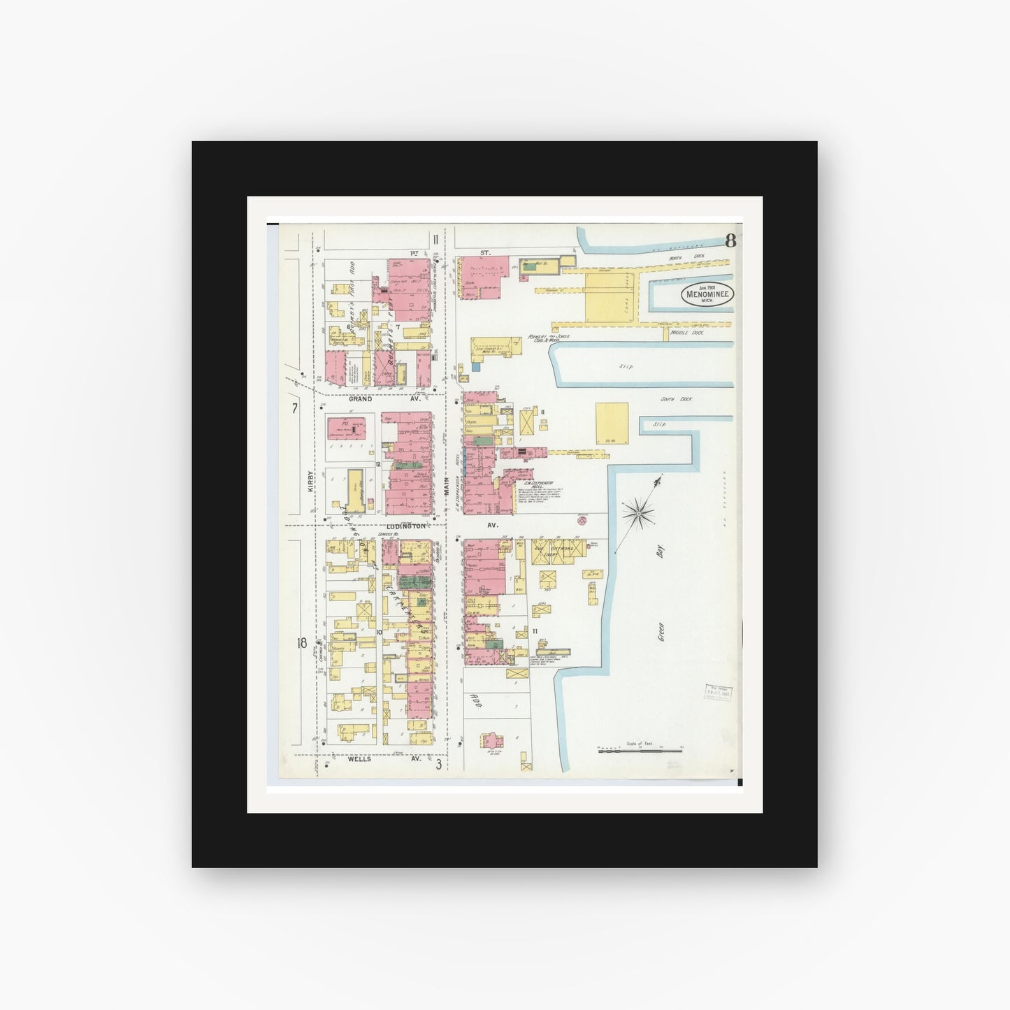 Old map wall art mockup — black gallery frame with white mat — Sanborn Fire Insurance Map from Menominee, Menominee County, Michigan (1901), Sheet #0008