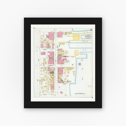 Old map wall art mockup — black gallery frame with white mat — Sanborn Fire Insurance Map from Menominee, Menominee County, Michigan (1901), Sheet #0008