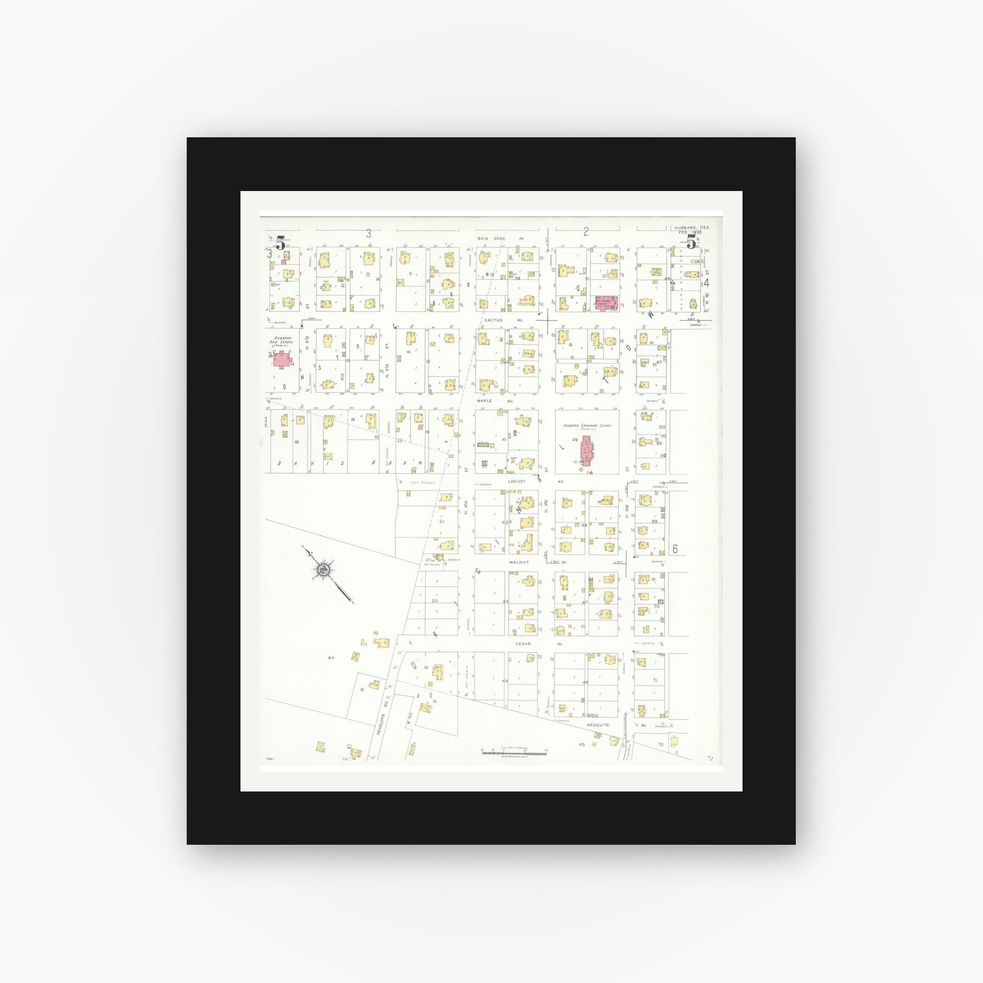 Old map wall art mockup — black gallery frame with white mat — Sanborn Fire Insurance Map from Hubbard, Hill County, Texas (1935), Sheet #0005