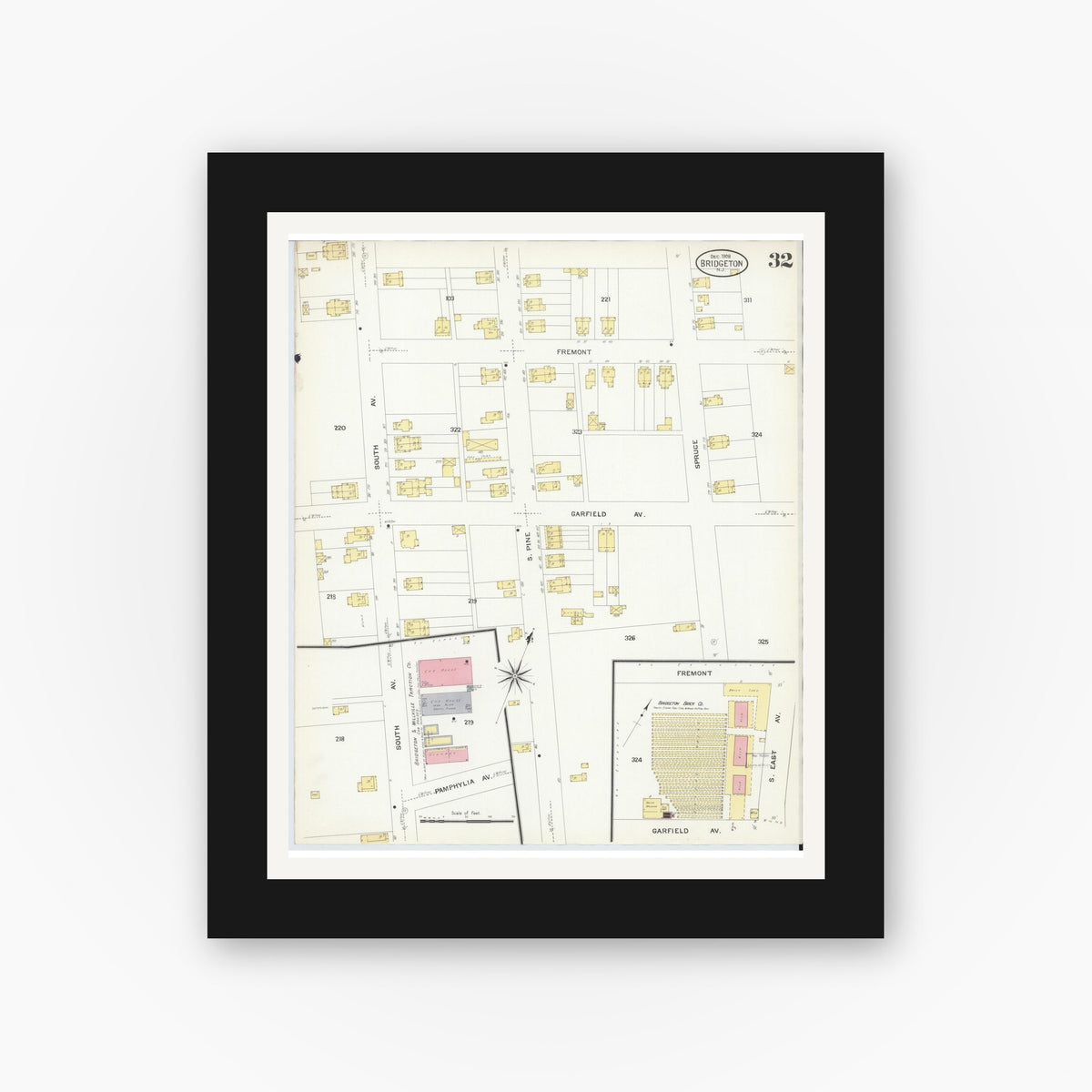 Old map wall art mockup — black gallery frame with white mat — Sanborn Fire Insurance Map from Bridgeton, Cumberland County, New Jersey (1908), Sheet #0032
