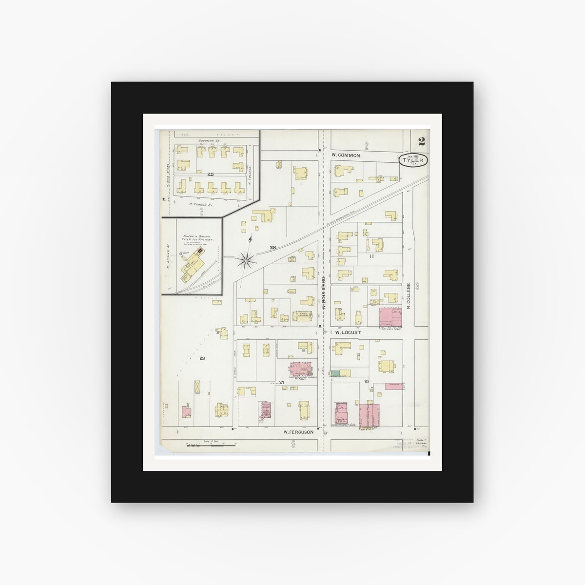 Old map wall art mockup — black gallery frame with white mat — Sanborn Fire Insurance Map from Tyler, Smith County, Texas (1893), Sheet #0002