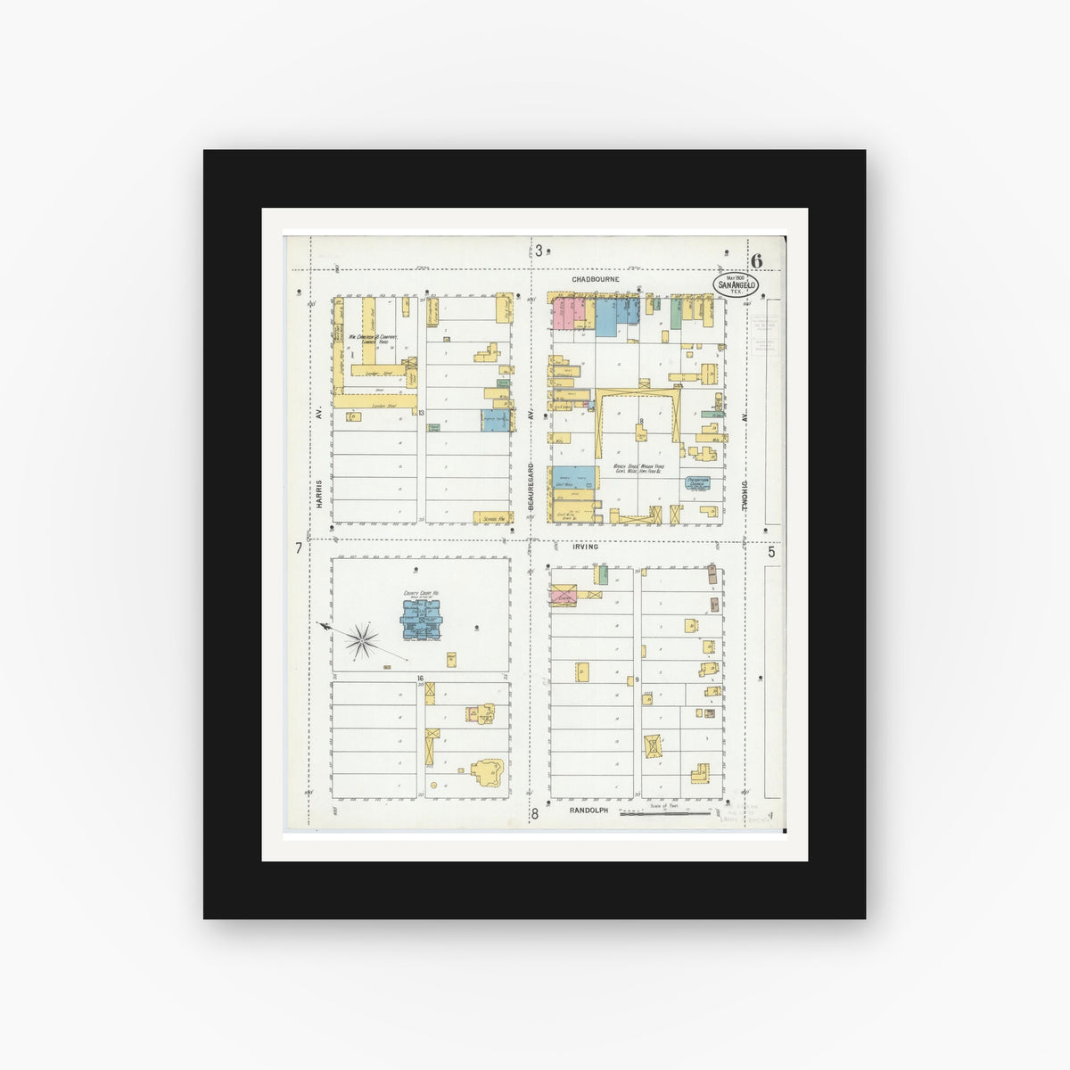 Old map wall art mockup — black gallery frame with white mat — Sanborn Fire Insurance Map from San Angelo, Tom Green County, Texas (1900), Sheet #0006