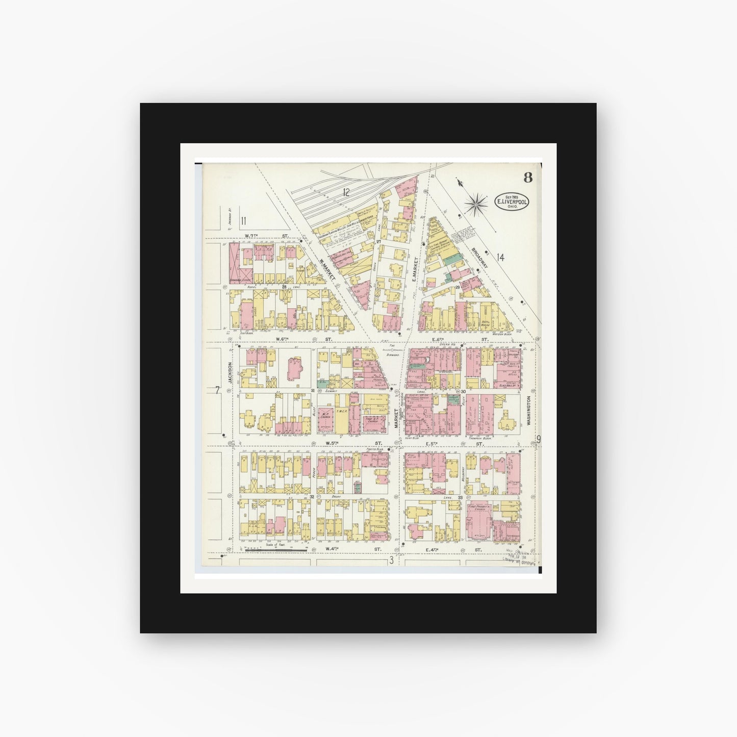 Old map wall art mockup — black gallery frame with white mat — Sanborn Fire Insurance Map from East Liverpool, Columbiana County, Ohio (1903), Sheet #0008