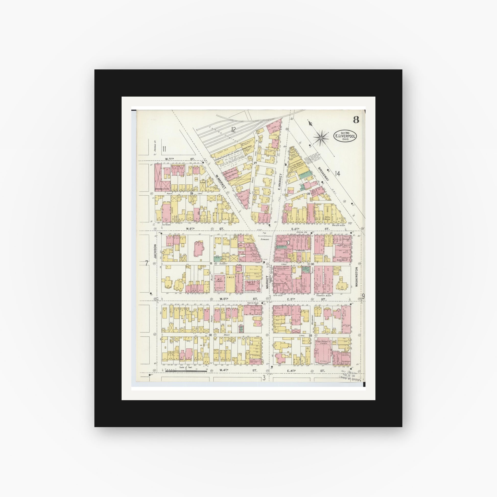 Old map wall art mockup — black gallery frame with white mat — Sanborn Fire Insurance Map from East Liverpool, Columbiana County, Ohio (1903), Sheet #0008