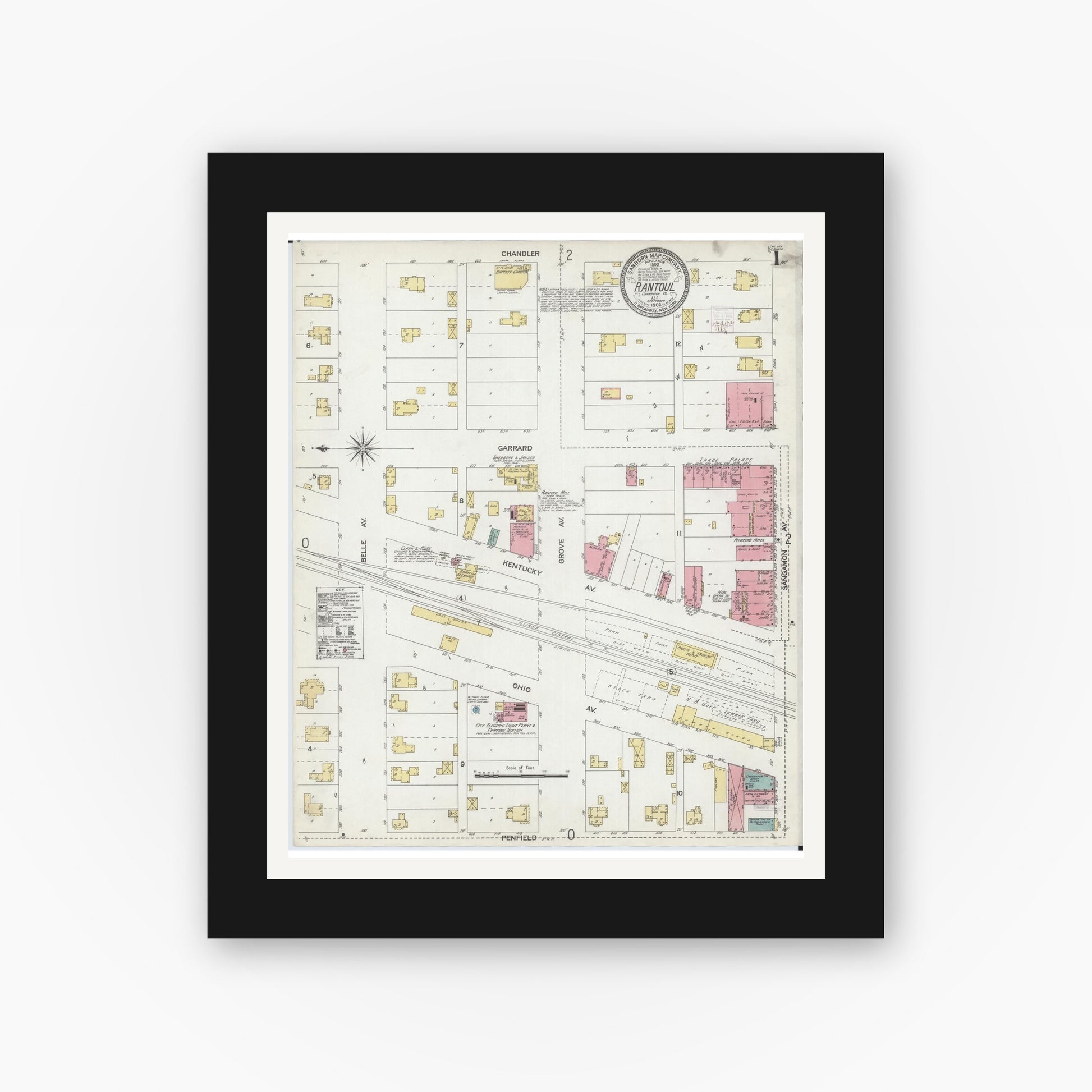 Old map wall art mockup — black gallery frame with white mat — Sanborn Fire Insurance Map from Rantoul, Champaign County, Illinois (1902), Sheet #0001