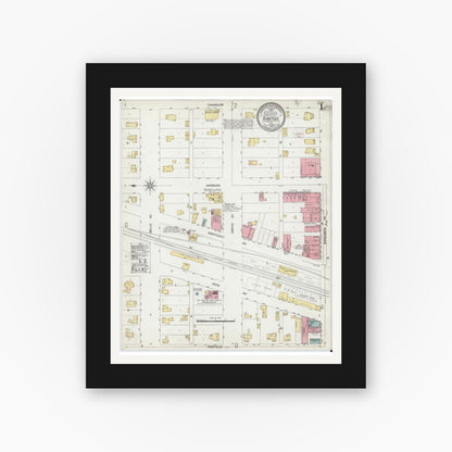 Old map wall art mockup — black gallery frame with white mat — Sanborn Fire Insurance Map from Rantoul, Champaign County, Illinois (1902), Sheet #0001