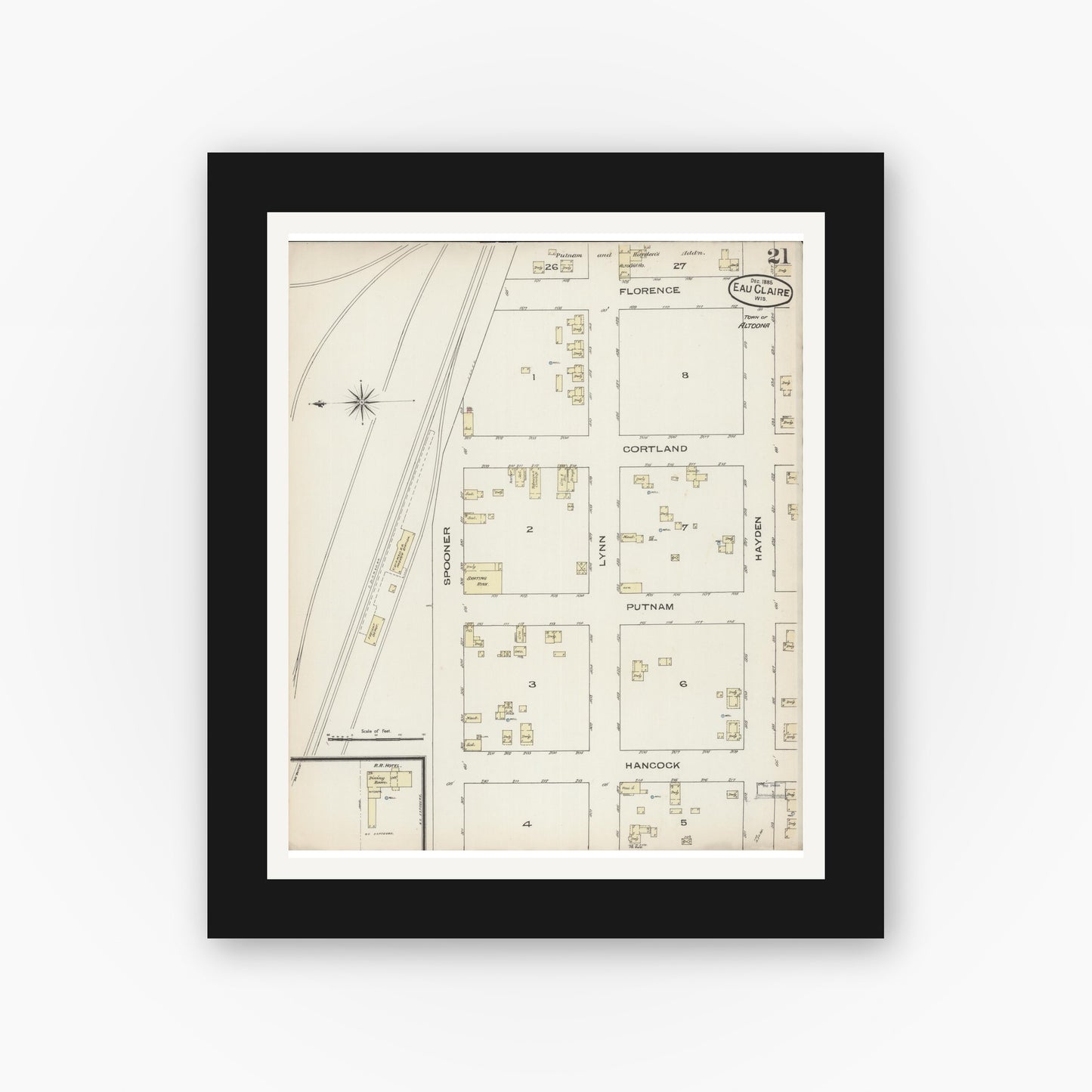 Old map wall art mockup — black gallery frame with white mat — Sanborn Fire Insurance Map from Eau Claire, Eau Claire County, Wisconsin (1885), Sheet #0021