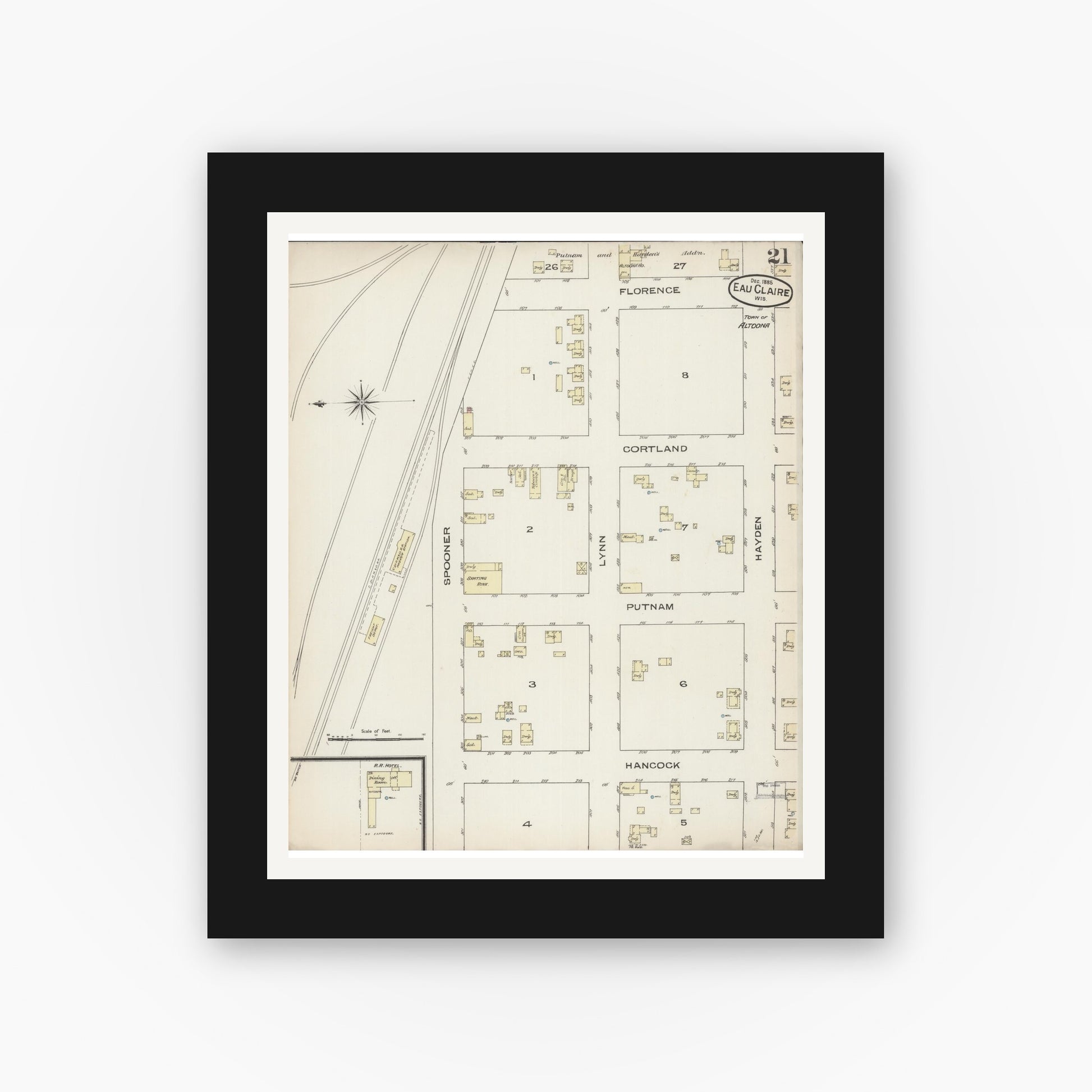 Old map wall art mockup — black gallery frame with white mat — Sanborn Fire Insurance Map from Eau Claire, Eau Claire County, Wisconsin (1885), Sheet #0021